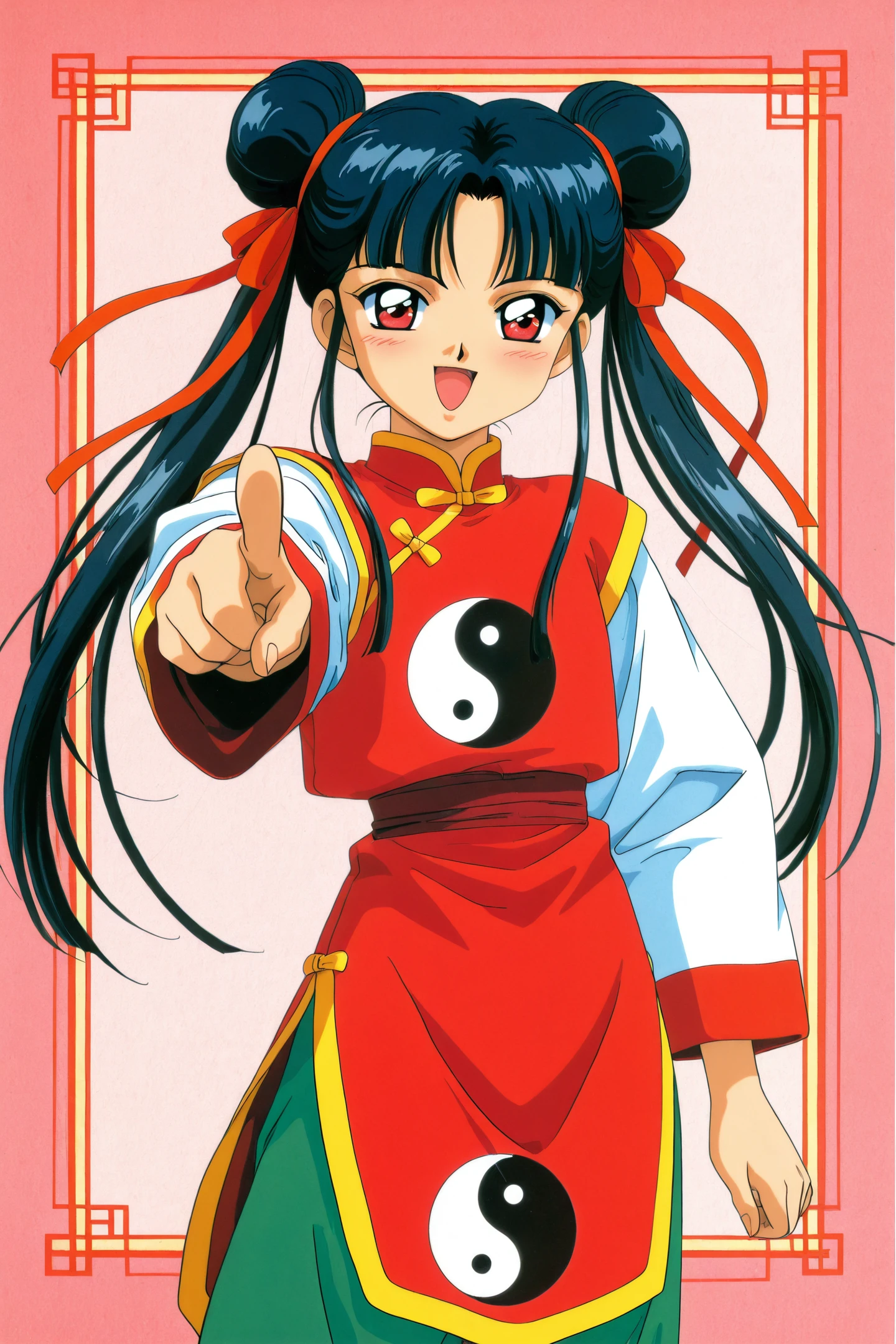 Anime Style,1girl,Li Meiling,solo,double bun,hair bun,black hair,long hair,red eyes,smile,hair ribbon,red ribbon,open mouth,long sleeves,blush,chinese clothes,bangs,twintails,retro artstyle,1990s \(style\),yin yang,pointing at viewer,
<lora:Card Captor Sakura_illustriousXL:0.8>,