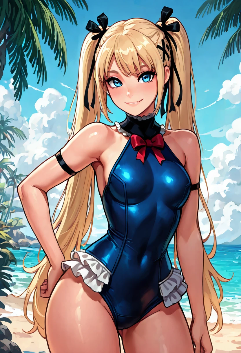 masterpiece, best quality, solo, curvy, beautiful eyes, <lora:MarieRose_NAI:1.0>, zzMarie, blue eyes, blonde hair, hair ornament, hair ribbon, long hair, twintails, very long hair, x hair ornament, one-piece swimsuit, blue one-piece swimsuit, black ribbon, frilled swimsuit, swimsuit, ribbon, frills, dead or alive, bare shoulders hand on hip, hip to the side, cowboy shot, smile, looking at viewer, shiny skin, beach, palm tree, tropical plants, narrow waist, wide hips,
