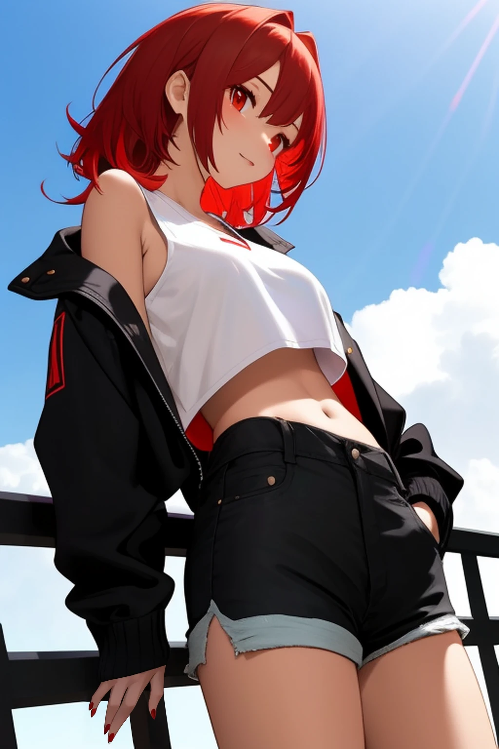 ellen joe,1girl,alternate costume,arm support,black hair,black jacket,black shorts,blue sky,breasts,casual,cloud,colored inner hair,cropped shirt,feet out of frame,from below,from side,jacket,light particles,looking to the side,medium breasts,midriff,multicolored hair,navel,off shoulder,on railing,railing,red eyes,red hair,red nails,shirt,shorts,sky,sleeveless,sleeveless shirt,solo,turning head,white shirt,