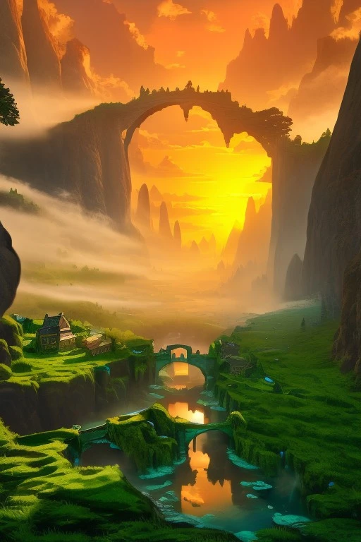 (masterpiece:1.2), (best quality:1.2), 8k, HDR, ultra detailed, ((photorealistic)), professional lighting, cinematic lighting, fashion photography, ambient lighting, fantasy, background, a small settlement nestled in the heart of towering, jagged mountains with mist swirling around the peaks, a sparkling waterfall cascading down a cliffside, crystal-clear water flowing into a serene pool below. A stone bridge arches gracefully over the water, leading into a village made of rustic stone houses, their chimneys softly emitting smoke. The scene is bathed in warm golden hour sunlight, casting long shadows and enhancing the natural beauty of the landscape. Lush green vegetation covers the area, with moss-covered rocks and vibrant flowers dotting the terrain. The village is peaceful and quaint, with faint details of people in the distance moving along cobblestone streets. The sky is a deep, rich blue with soft clouds. The entire scene is illuminated by soft, ambient light, creating a magical and cinematic atmosphere. epiCPhoto