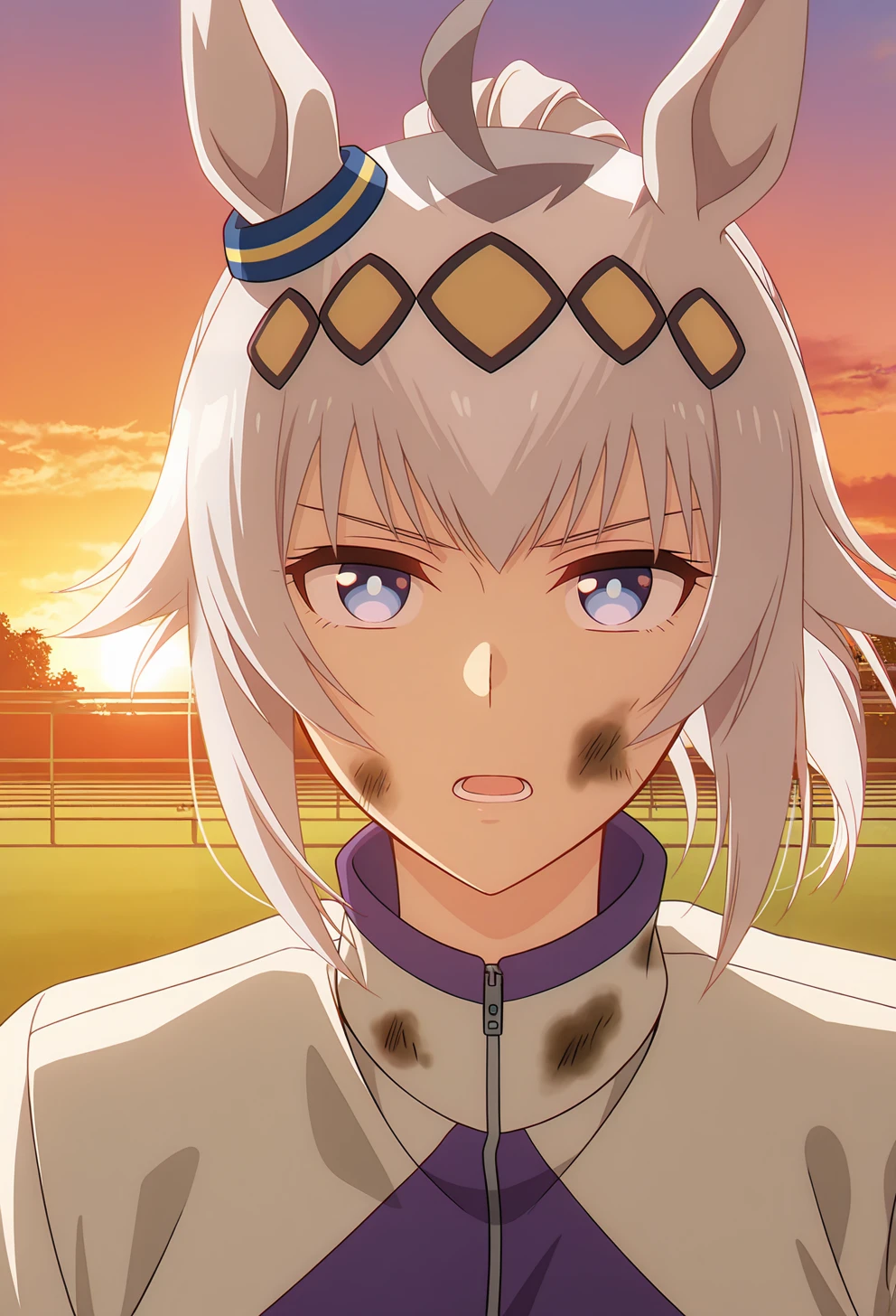 <lora:Oguri Cap_illustrious-000028:1>,
oguri cap \(umamusume\),horse ears,solo,jacket,upper body,track jacket,sunset,looking at viewer,dirty,ponytail,dirty face,outdoors,open mouth,1girl