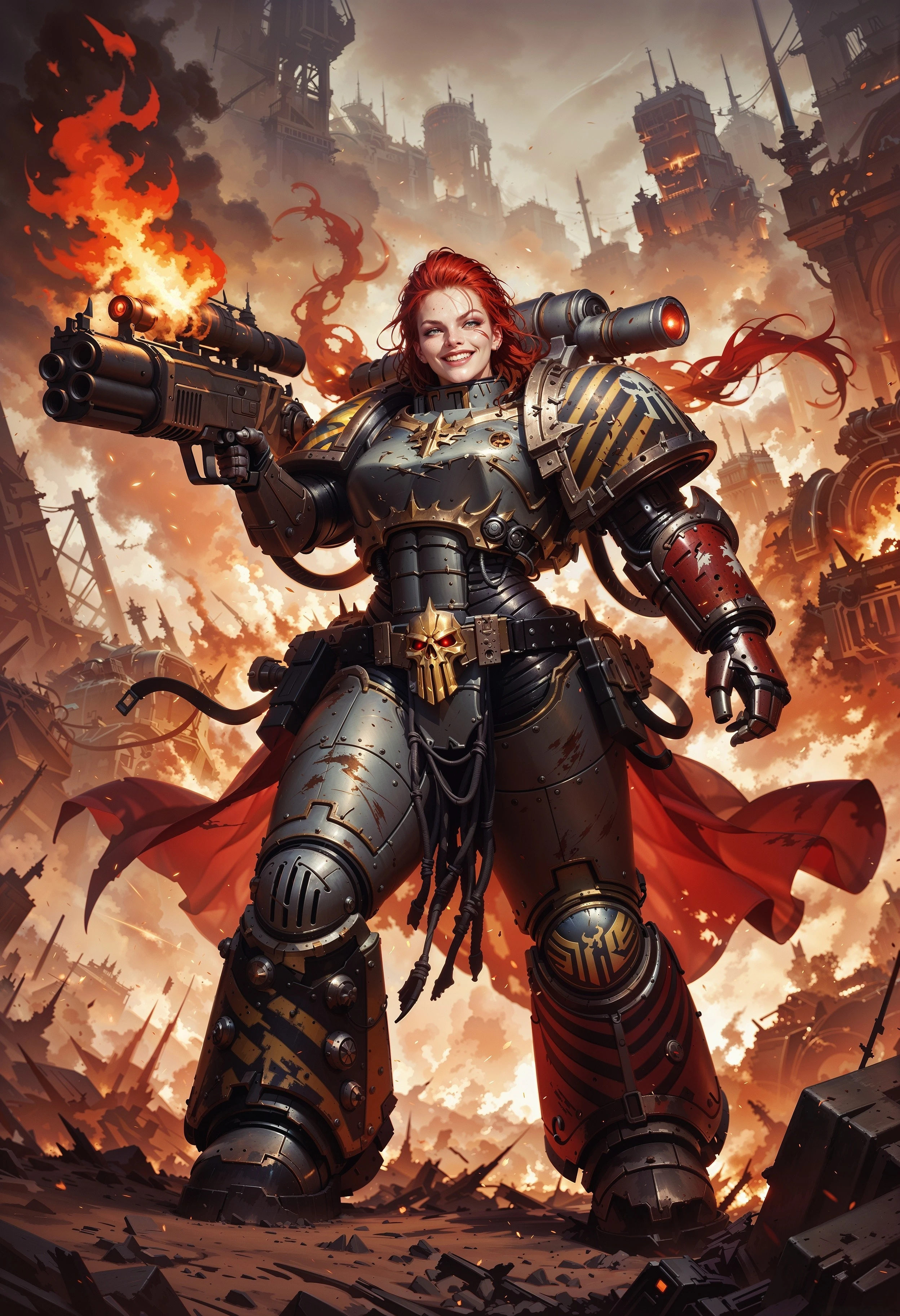 (score_9, score_8_up), score_7_up, <lora:PonyIronW40k:1> IronW40k, solo, 1girl, wearing power armor, holding a flamethrower, fire, evil smile, burning the area, aiming at viewer, apocalyptic, grimdark,