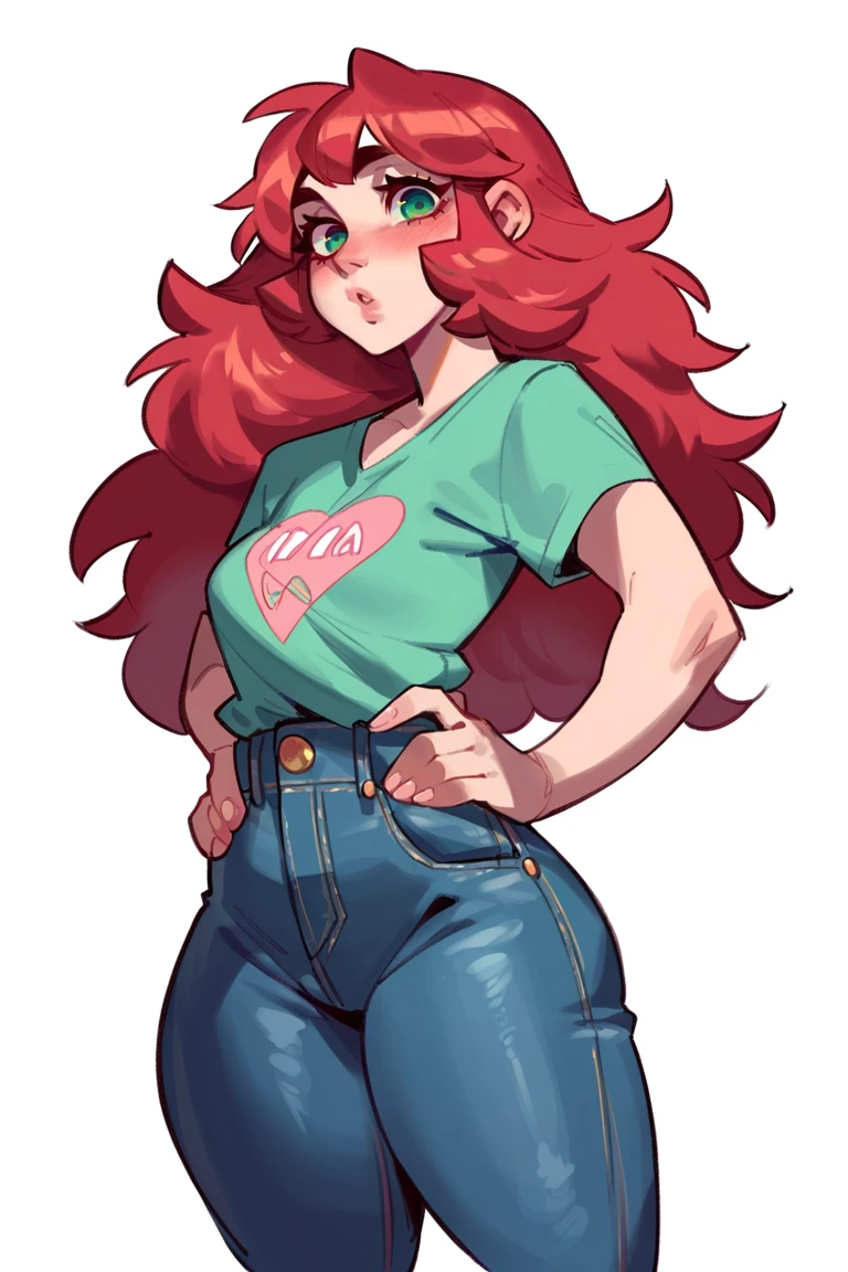 <lora:mix78:1>, score_9, score_8_up, score_7_up, score_6_up, score_5_up, rating_questionable, source cartoon
1girl, pretty face, pretty eyes, detailed eyes, HD eyes, thick thighs
hands on hips, standing, cowboy shot
looking at viewer, blush, eyebrows, long hair, red hair, green eyes jeans, green t-shirt, boots, high waisted jeans
simple background, white background