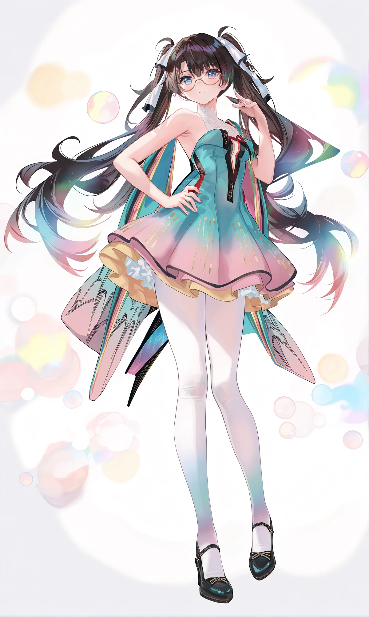 8k, best quality, masterpiece, (ultra-detailed), (high detailed skin),
((artist:reoen),(artist:fuzichoco),(artist:atdan),(artist:torino_aqua),year 2024:0.8)1girl, 8k, masterpiece, best quality, colorful, detailed light, light leaks, sunlight, bokeh, blurry foreground, ray tracing, lens flare, cinematic lighting,
full body, full shot, standing, looking at viewer, (solo:1.2), simple background, (white background:1.2), hand on own hip, white background,
<lora:zhezhi-noob-Tanger:0.8>, zhezhi, default clothes, white pantyhose, 1girl, long hair, black hair, glasses, twintails, dress, black footwear,
A full-body portrait of a young girl, standing gracefully, pastel art style, high-key lighting, shoujo manga influence, hd quality, delicate details,