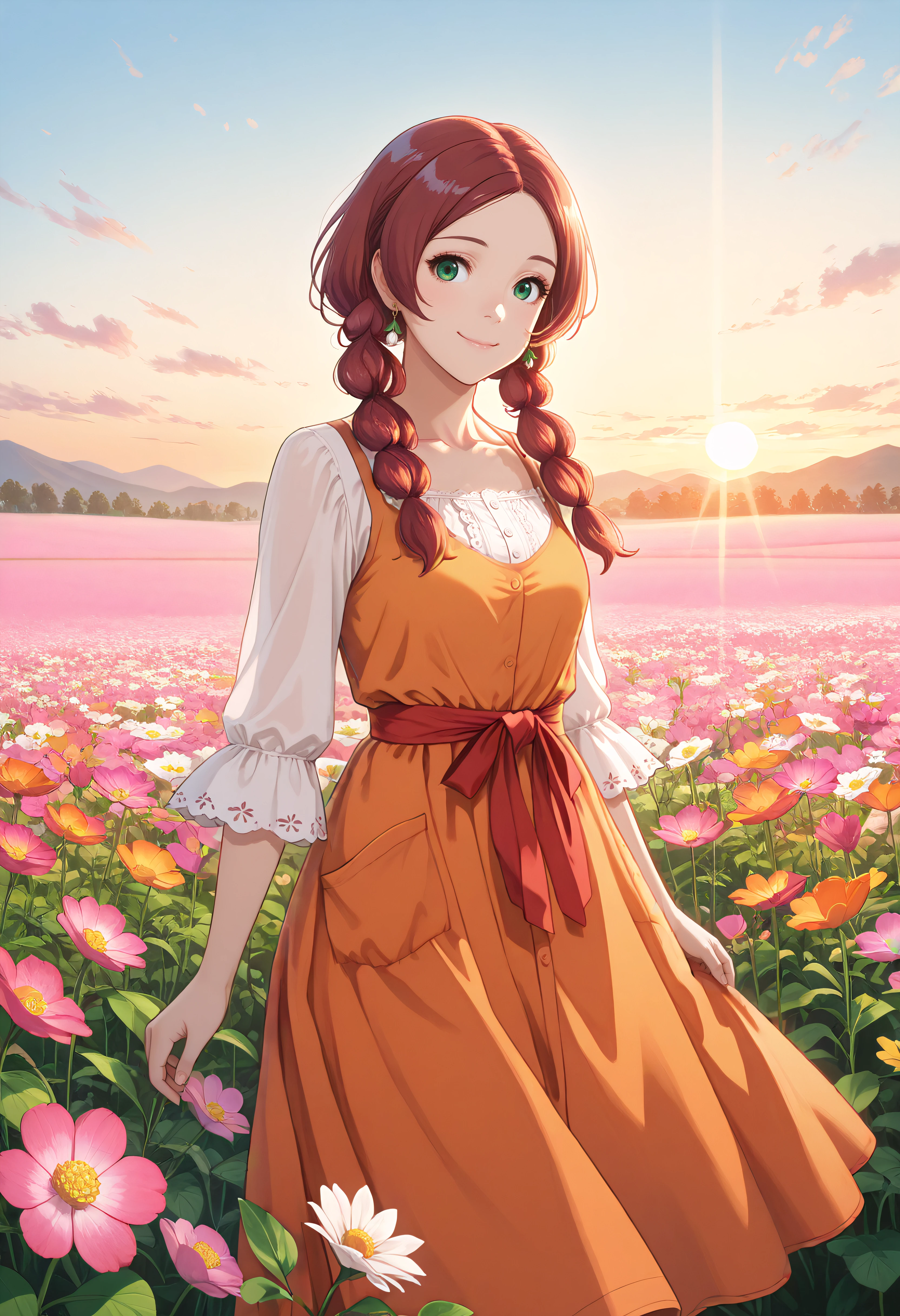 (masterpiece, best quality, ultra detailed, high resolution, vibrant colors, beautiful lighting, sharp lines), detailed
BREAK
LaKirshell
BREAK
auburn hair, twin braids, green eyes, emerald eyes,
BREAK
mid-length sleeves, orange dress, dress with white hem, cute dress, flower-shaped earrings,
BREAK
adjusting hair, standing in flower field, gentle smile, looking at viewer
BREAK
soft wind, vibrant flowers, mixed colored flowers, clear sky, peaceful atmosphere, blooming meadow, sunlight, sunset, warm light