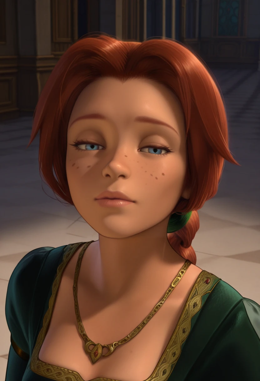 masterpiece, best quality, Princess Fiona, 1girl, solo, blue eyes, freckles, lips, red hair, long hair, braided ponytail, green hair tie, necklace, shrek 2 dress, dark green dress, portrait, looking at viewer, half-closed eyes, tiled flooring, halls, <lora:Fiona__illustration:1>