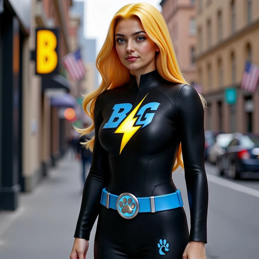 The image shows Buzz Girl wearing buzzsuit.  Her suit is black and yellow with her logo on her chest which features a glowing gold lightning bolt with the letter B to the left and the letter G to the right in blue.  Her blue belt with silver buckle with a glowing blue lightning bolt on it has a small cat paw print below it near her hip.  She is standing on a city street.  She looks young and has smooth skin.