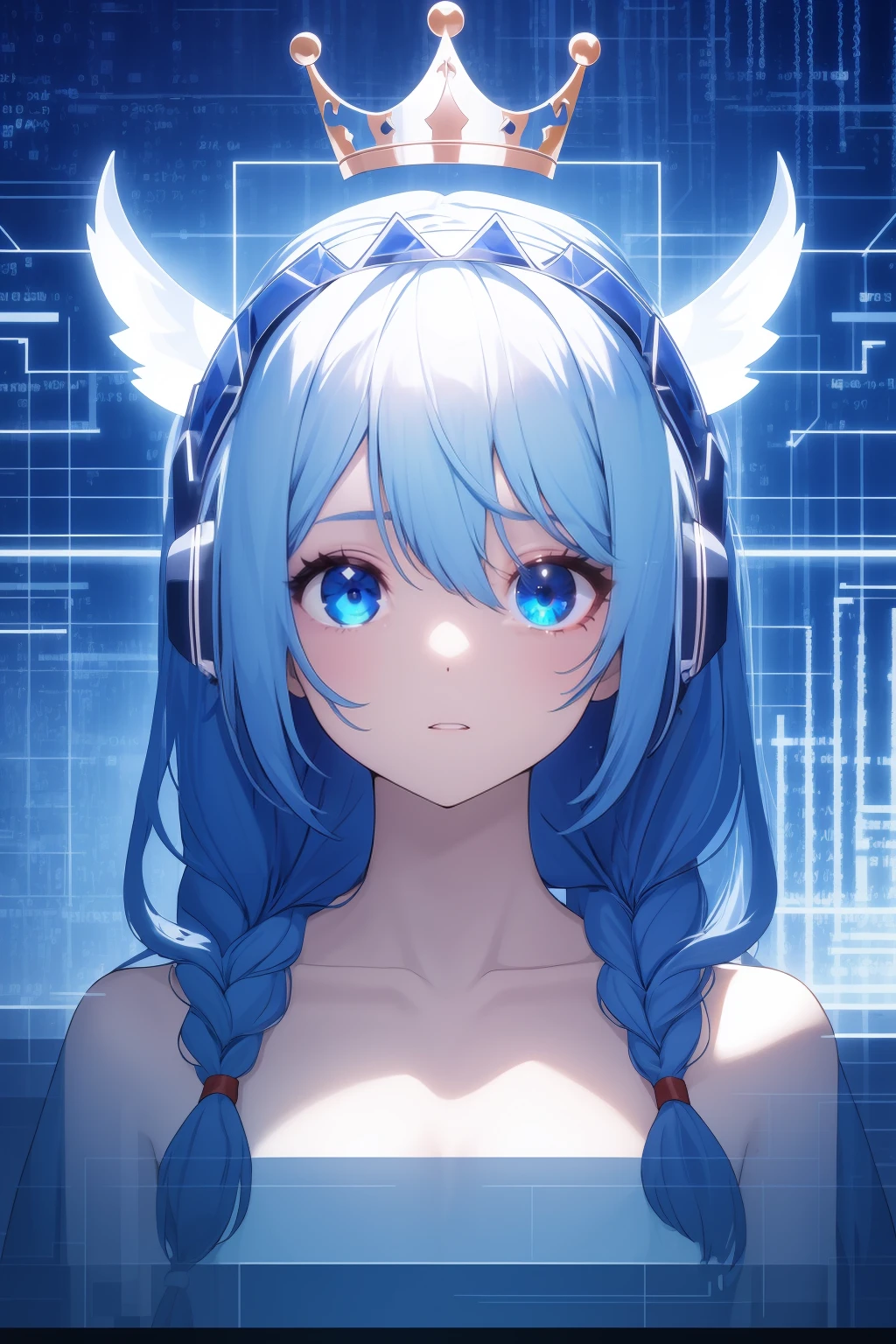 lucia \(code:qualia\),1girl,blue eyes,blue hair,((blue theme)),braid,collarbone,crown braid,film grain,((glitch)),hair between eyes,headgear,long hair,looking at viewer,parted lips,solo,split crop,straight-on,upper body,white background,