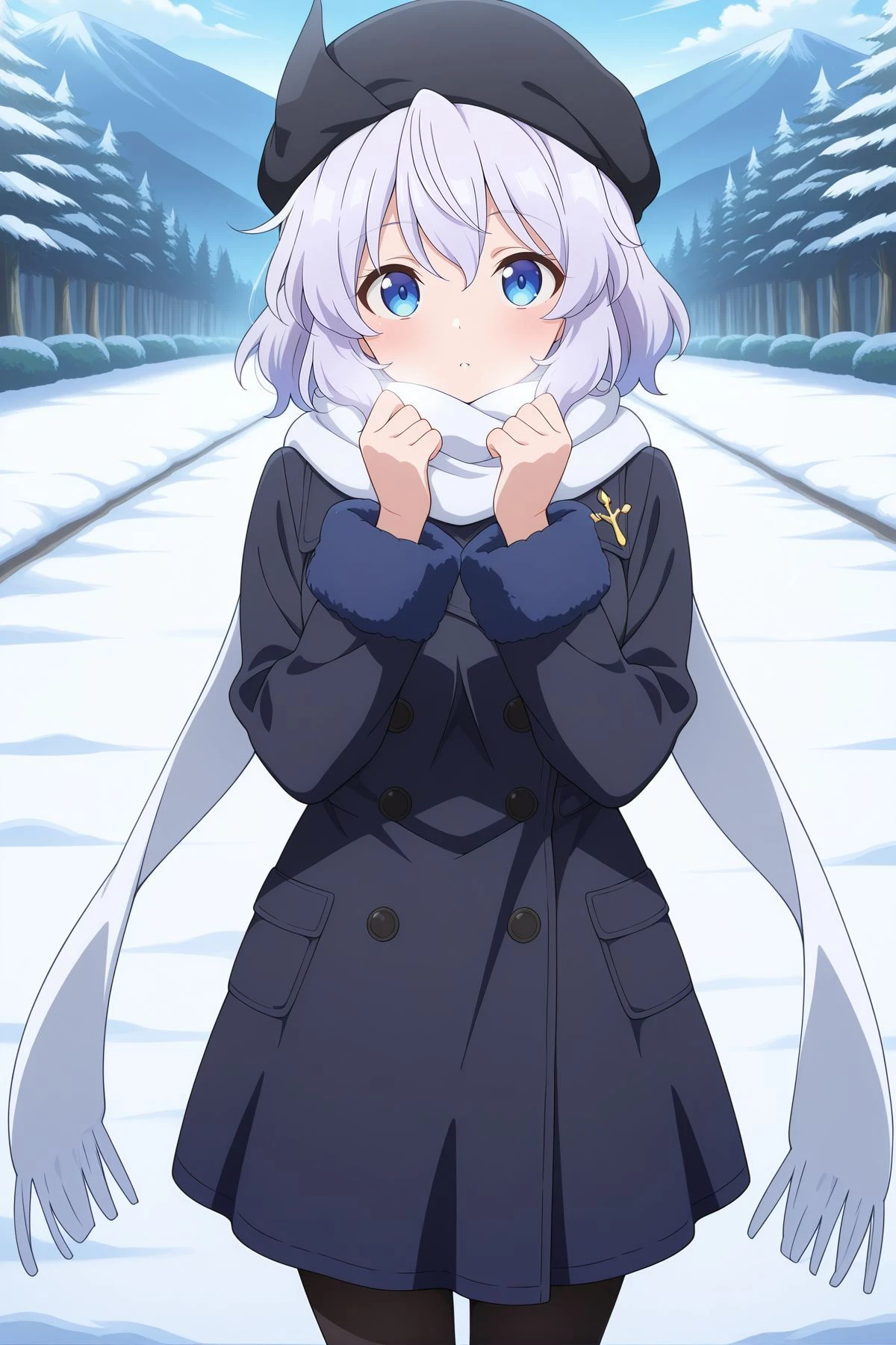 absurdres, highres, masterpiece, best quality, amazing quality, official anime artwork, screencap, anime screencap, outdoors, looking at viewer, dynamic pose, standing,
 <lora:Letty-Whiterock_Illustrious:1> letty whiterock, 1girl, solo, blue eyes, grey hair,, alternate costume, alternate hair color, white scarf, black hat, winter coat, black coat, fur-trimmed coat, long sleeves, fur-trimmed sleeves, black pantyhose, lapel pin, 
snow, ice,