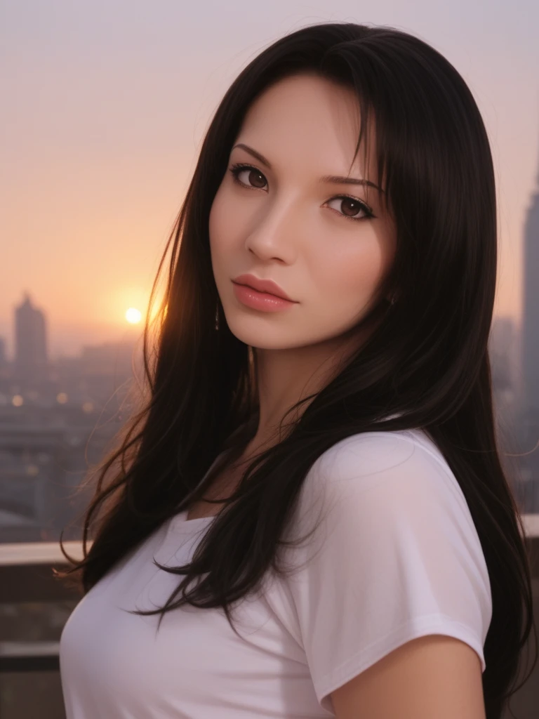 (hyper-realistic), (illustration), (high resolution), (8K), (extremely detailed), (best illustration), Yoru ( Chainsaw Man ), (beautiful detailed eyes), (best quality), (ultra-detailed), (masterpiece), (wallpaper), (detailed face), solo, upper body, focus on face, 1 girl, long black hair, Korean, thin eyeshadow, well-detailed eyes, brown eyes, small moles under the eyes, long sleeve shirt, neck bow, small breasts, pinafore dress, dynamic pose, low lighting, night, dark, clouds, dark night