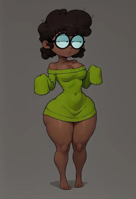 ((bedroom background)),score_9, score_8_up, score_7_up,score_6_up,
(BLisa Loud)(brown skin,messy hair,brown hair,afro hair,short hair) (big breasts,thin arms,small waist,wide hips,huge hips,big thighs,thick thighs,huge butt,thick legs,short legs) (round black glasses,green sweater,bare shoulders,long sleeves,white thighs high stockings)