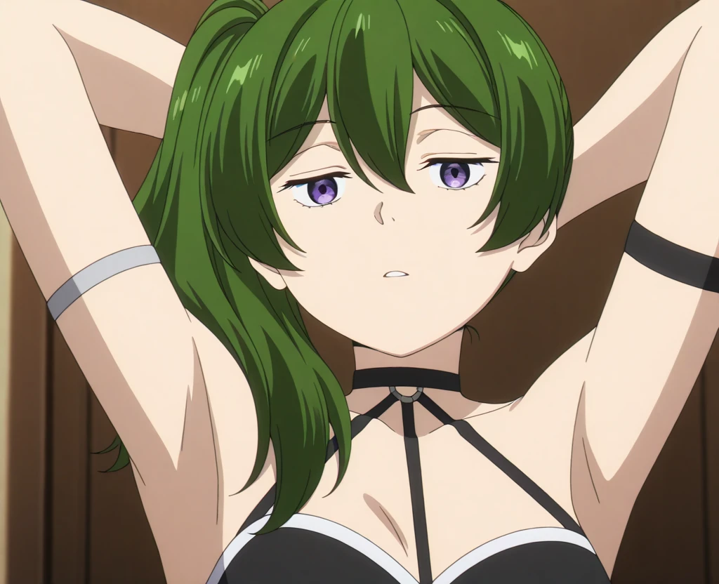 <lora:illustriousXL_stabilizer_v1.23:0.6> , absurdres, highres, anime screencap, <lora:Ubel_ILLUS-000009:0.8> , ubel1, 1girl, long hair, hair between eyes, purple eyes, side ponytail, choker, green hair, arm strap, looking at viewer, arms behind head, armpits