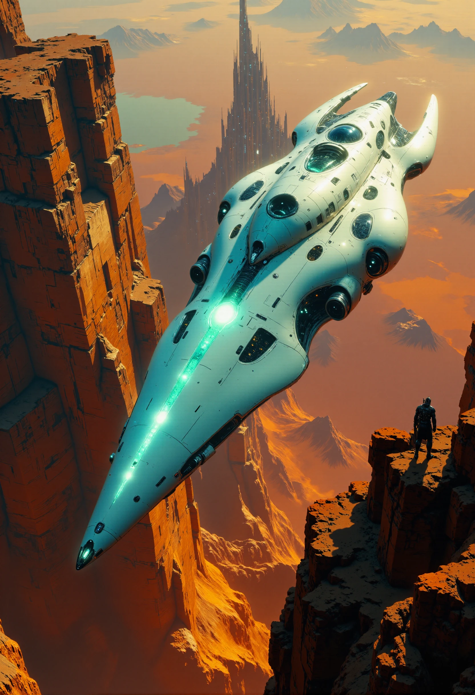 highest details, ultra hyper realism. highly detailed and realistic. intricate and highly professional artwork, an absolute masterpiece.
This is a high-quality CGI image depicting a futuristic, sleek spaceship hovering above a barren, rocky landscape during sunset. The spaceship, designed in a sleek, aerodynamic style, has a predominantly white and teal color scheme with glowing accents. The design is highly bizarre and uncommon with curved lines and a glowing ship hull underlining it´s highly advanced and clearly alien origin. It features sharp, angular lines and a large, central opening, suggesting a high-tech design. The background includes a vast, reddish-brown terrain with distant mountains and a faintly visible, shadowy figure of a humanoid robot standing on a rocky outcrop. The lighting is soft, with warm hues from the setting sun casting long shadows. The depth of field is moderate, keeping the spaceship in sharp focus while slightly blurring the background. The image has a very high aesthetic quality, showcasing detailed textures and realistic lighting effects. The camera angle is slightly low, emphasizing the spaceship's imposing presence.
Bright Blue hue and Magenta tint, dramatic lighting
<lora:artilands_v02_epoch_6:1>