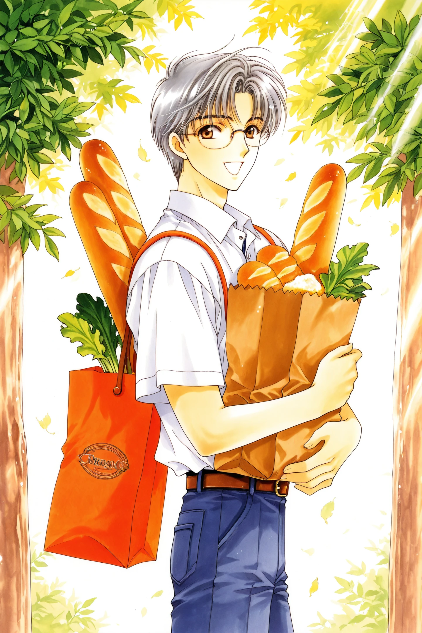 Comic Style,1boy,solo,male focus,shirt,bread,food,white shirt,baguette,bag,looking at viewer,open mouth,glasses,pants,holding,smile,outdoors,grocery bag,paper bag,from side,sunlight,short sleeves,:d,collared shirt,day,cowboy shot,leaf,holding bag,shopping bag,traditional media,short hair,standing,grey hair,bangs,happy,belt,light rays,looking to the side,brown eyes,
<lora:Card Captor Sakura_illustriousXL:0.8>,