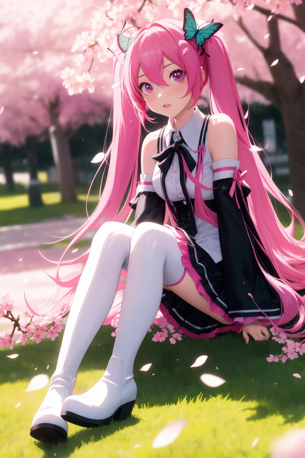 hatsune miku,sakura miku,1girl,blurry background,boots,bug,butterfly,cherry blossoms,detached sleeves,falling petals,floating hair,full body,hair between eyes,hair ornament,long hair,long sleeves,looking at viewer,parted lips,petals,pink eyes,pink hair,pink skirt,shirt,sitting,skirt,sleeveless,sleeveless shirt,solo,thigh boots,twintails,very long hair,white shirt,