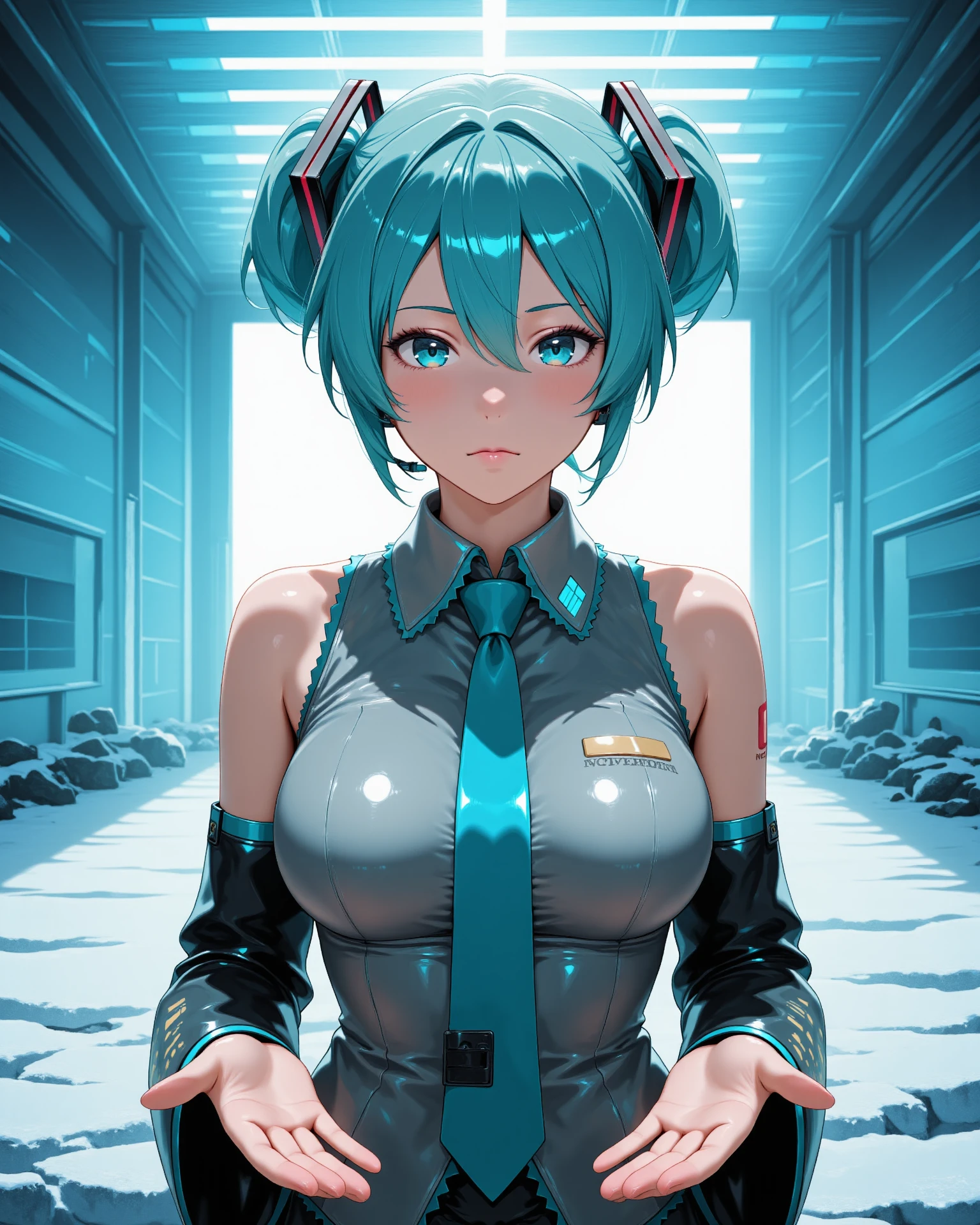 1 girl, Android, Cyberpunk, cyan hair, Blue eyes, short hair, white breastplate, Black headphones, Mechanical White Leggings, Bare shoulders, Smooth, Shiny material,huge , Crazy breast swelling, Chest larger than shoulder blades, Big breasts and thin waist,(huge breasts:1.2),Hydrated skin((rogue))((非常huge乳房)),((Grooves reveal original skin))