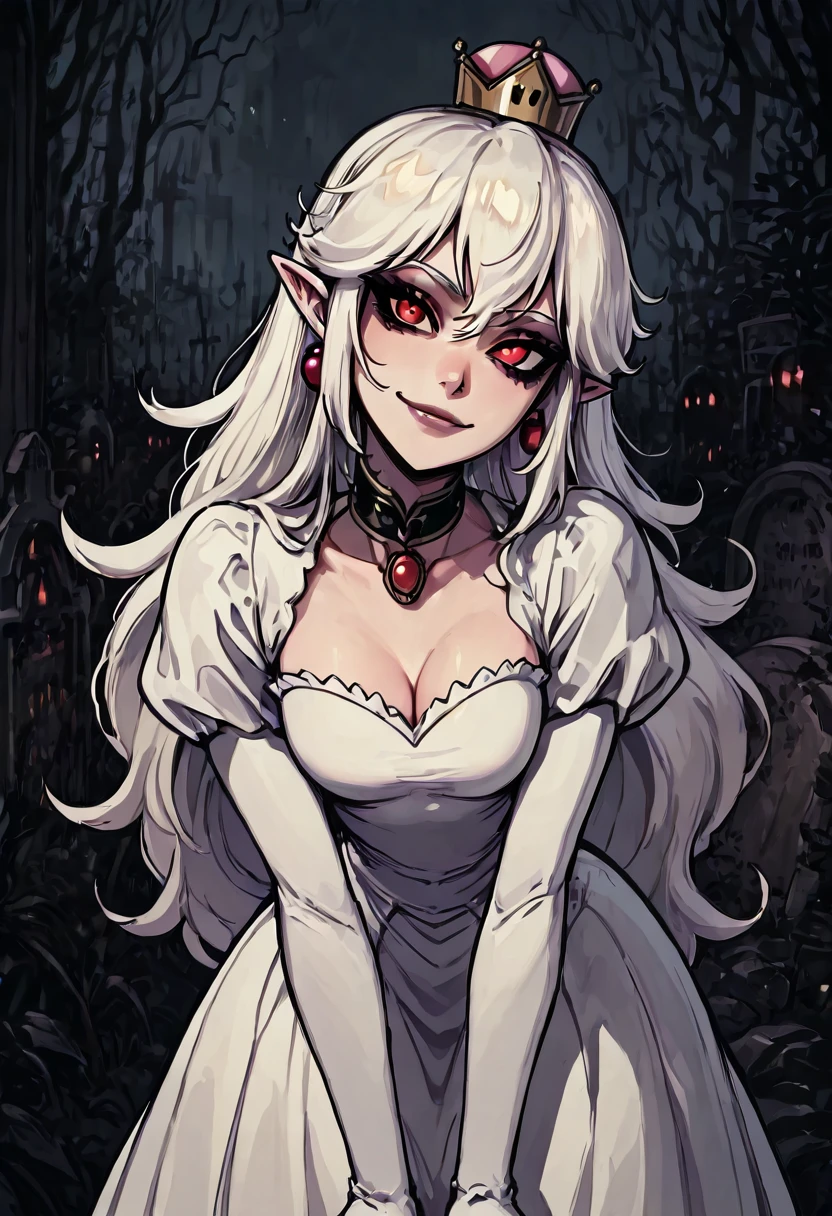 masterpiece, best quality, <lora:NightmareDex_IXL:1.0>, exhausted, big eyes, bags under eyes, eyeliner, (1girl, solo, eyelashes, 1girl, solo, long hair, breasts, looking at viewer, bangs, blue eyes, long sleeves, jewelry, closed mouth, upper body, white hair, earrings, choker, pointy ears, puffy sleeves, belt, necklace, collar, colored skin, lipstick, juliet sleeves, elf, wall, long hair, looking at viewer, blue eyes, long sleeves, closed mouth, upper body, white hair, pointy ears, puffy sleeves, colored skin, red lips:0.6), Boosette_Mario, 1girl, long hair, white hair, long white dress, ballroom dress, white gloves, <lora:GothRetroNAI:0.4>, <lora:Boosette_Mario_SDXL:0.7>, (leaning forward, head tilt:1.3), graveyard, smile,