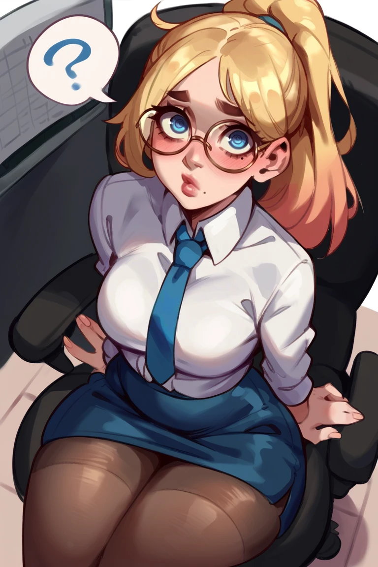 <lora:mix78:1>, score_9, score_8_up, score_7_up, score_6_up, score_5_up, rating_quesionable, source cartoon
1girl, pretty face, pretty eyes, detailed eyes, HD eyes, lips, plump lips, blush, eyebrows, mole, confused, spoken question mark
sitting, cowboy shot, looking at viewer, from above, head tilted
thick thighs, wide hips, gigantic hips, medium breasts, round hips, curvy
blonde hair, blue eyes, long hair, ponytail, glasses, large glasses
office attire, button up shirt, white shirt, necktie, pleated skirt, pantyhose
office, cubicle, office chair