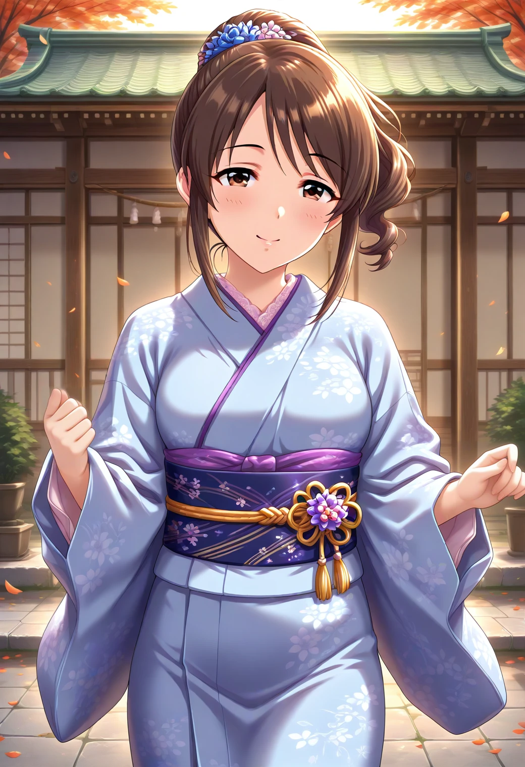 masterpiece, best quality, amazing quality, 1girl, solo, stand, makeup, blush, cowboy shot, looking at viewer, wearing a traditional japanese style kimono, dance, japanese garden, outdoors, falling petals, dramatic lighting, kimono, obi, sash, lace, girly kimono, hair ornament, bow, jewelry, accessories, <lora:Mifune_Miyu_Cinderella:1>, Mifune_Miyu_Cinderella, brown hair, brown eyes, , ponytail, sidelocks, <lora:wai-Rectified-s:1>, <lora:prompt_extend:1>