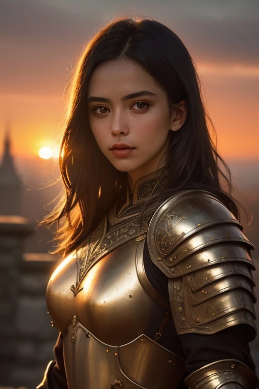 (masterpiece), (extremely intricate:1.3), (realistic), portrait of a girl, the most beautiful in the world, (medieval armor), metal reflections, upper body, outdoors, intense sunlight, far away castle, professional photograph of a stunning woman detailed, sharp focus, dramatic, award winning, cinematic lighting, octane render  unreal engine,  volumetrics dtx, (film grain, blurry background, blurry foreground, bokeh, depth of field, sunset, motion blur:1.3), chainmail