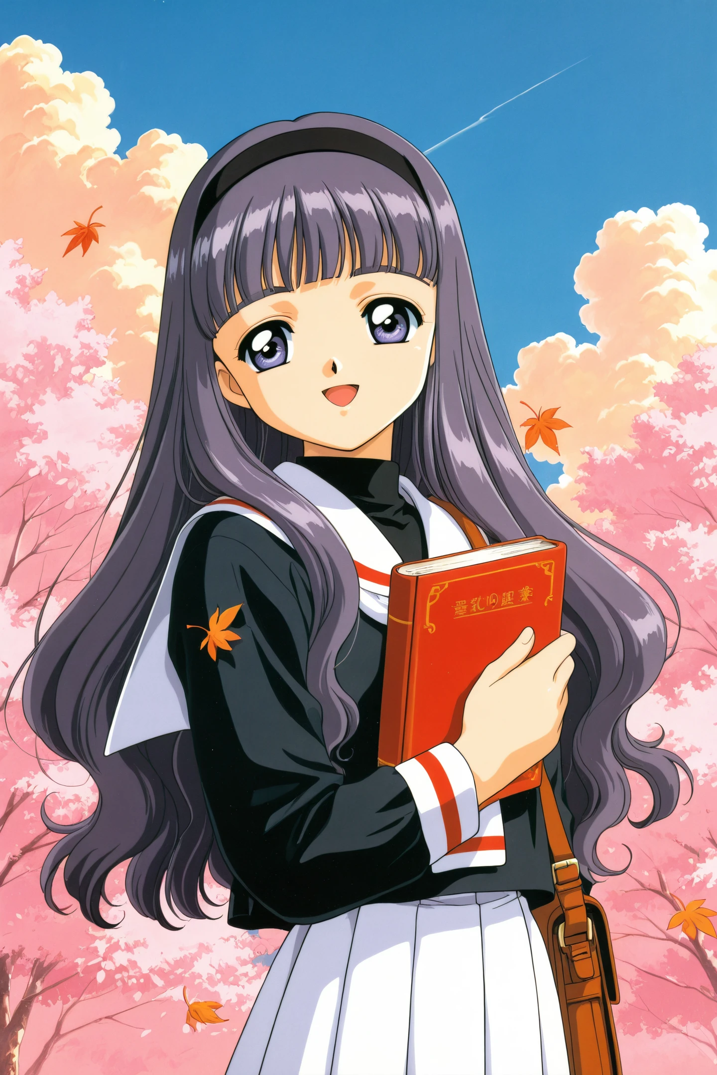 Anime Style,1girl,daidouji tomoyo,skirt,school uniform,white skirt,solo,long hair,purple hair,pleated skirt,smile,bangs,hairband,tomoeda elementary school uniform,holding,open mouth,long sleeves,cloud,blunt bangs,1990s (style),day,leaf,retro artstyle,:d,sky,holding book,outdoors,book,white sailor collar,black shirt,shirt,standing,sailor collar,serafuku,blue sky,cowboy shot,blue eyes,looking at viewer,bag,black hairband,purple eyes,
<lora:Card Captor Sakura_illustriousXL:0.8>,