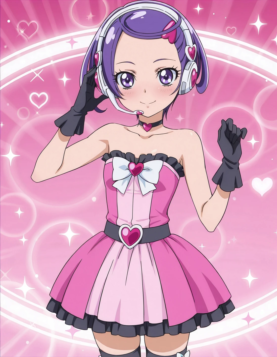 anime screencap, solo,1girl,kenzakimakoto smile, pink dress, black gloves,black belt,white bow, headphones, choker, bare shoulders, hair ornament, zettai ryouiki, black thighhighs, strapless, heart, headset,looking at viewer,small breasts,blush<lora:kenzakimakoto_IL:0.8>
high definition,amazing quality,best quality,very aesthetic,masterpiece,absurdres,