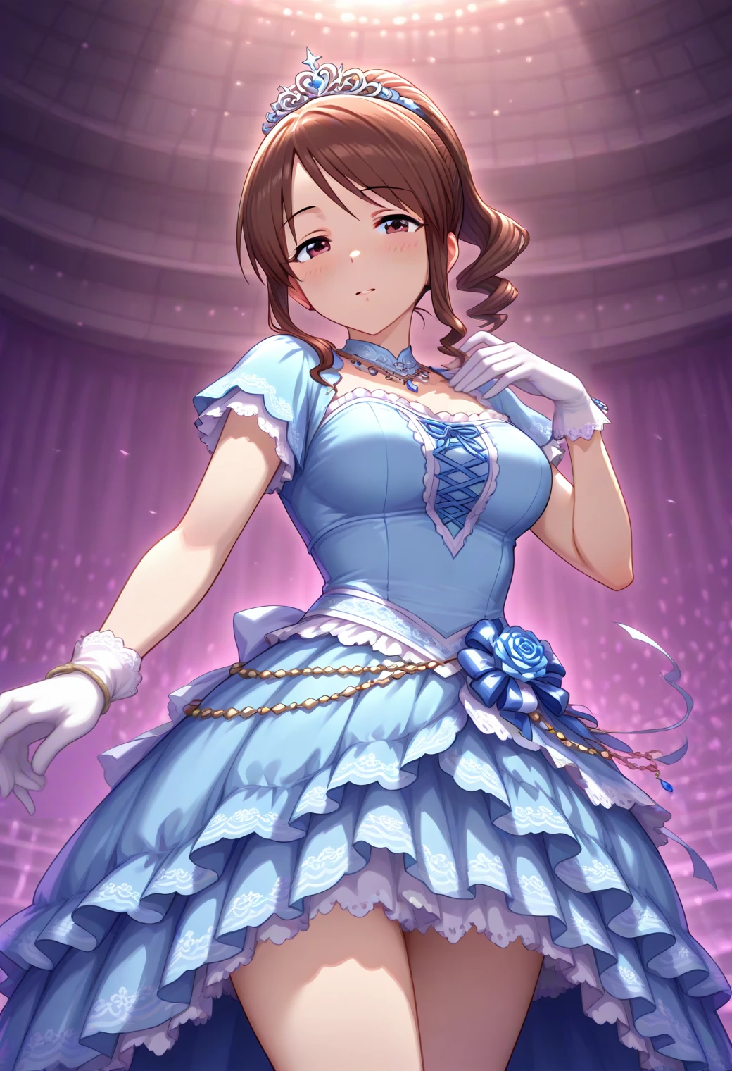 masterpiece, best quality, amazing quality, 1girl, solo, stand, makeup, blush, cowboy shot, looking at viewer, performance, dramatic view, gorgeous idol dress, dance, live stage, indoors, dramatic lighting, <lora:cute_dresses:1>, dress, laces, frills, hair ornament, gloves, bow, short sleeves, jewelry, crown, accessories, <lora:Mifune_Miyu_Cinderella:1>, Mifune_Miyu_Cinderella, brown hair, brown eyes, , ponytail, sidelocks, <lora:wai-Rectified-s:1>, <lora:prompt_extend:1>