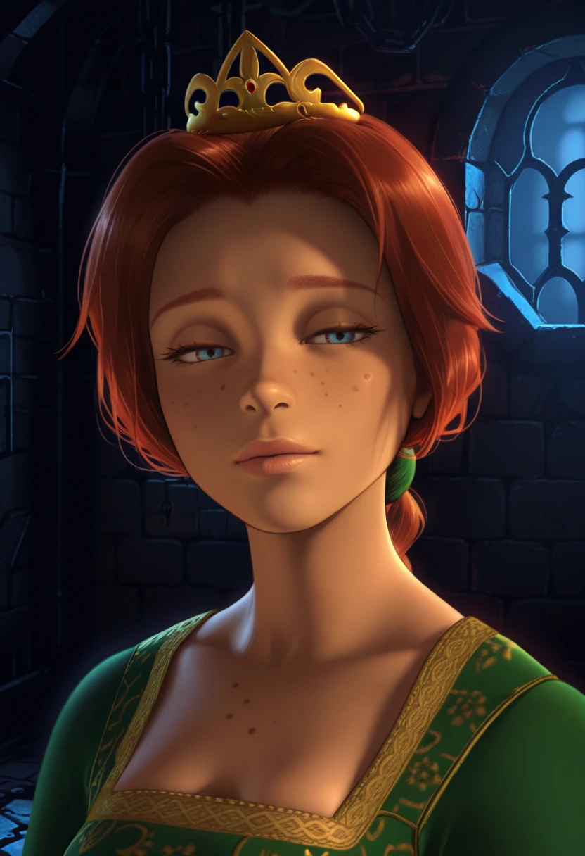 masterpiece, best quality, Princess Fiona, 1girl, solo, blue eyes, freckles, lips, red hair, long hair, braided ponytail, green hair tie, crown, shrek 1 dress, green dress, portrait, looking at viewer, half-closed eyes, dungeon, <lora:Fiona__illustration:1>