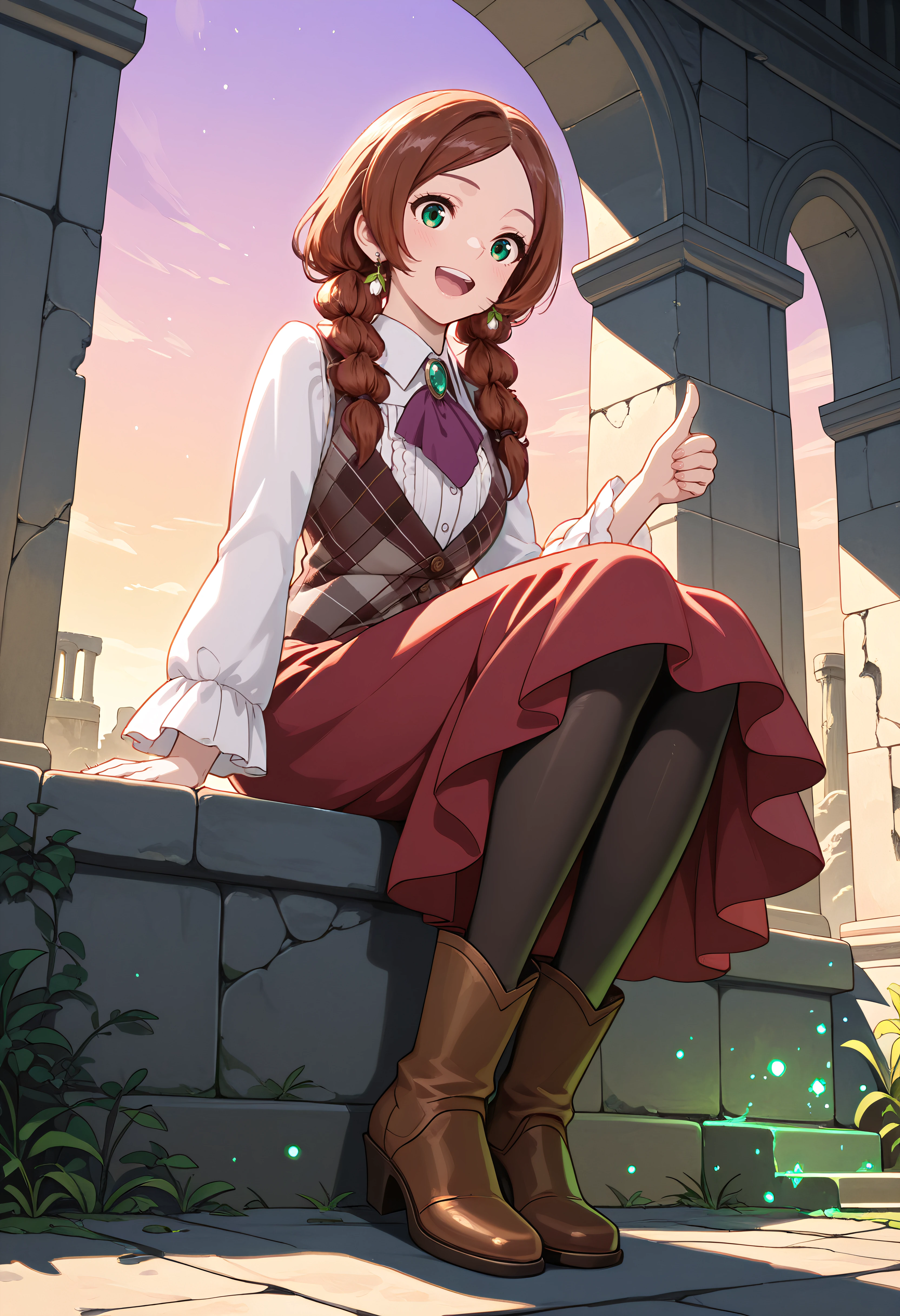 (masterpiece, best quality, ultra detailed, full body, high resolution, elegant shading, realistic lighting)
BREAK
LaKirshell
BREAK
auburn hair, twin braids, green eyes, emerald eyes
BREAK
white blouse, frilly sleeves, plaid vest, red skirt, black tights, brown boots, purple neck ribbon, emerald brooch, flower earrings
BREAK
sitting on stone step, smile, upper teeth, tongue, legs together, relaxed posture, looking at viewer, thumbs up
BREAK
floating particles, twilight sky, glowing symbols, ancient ruins, fantasy vibe, magical aura