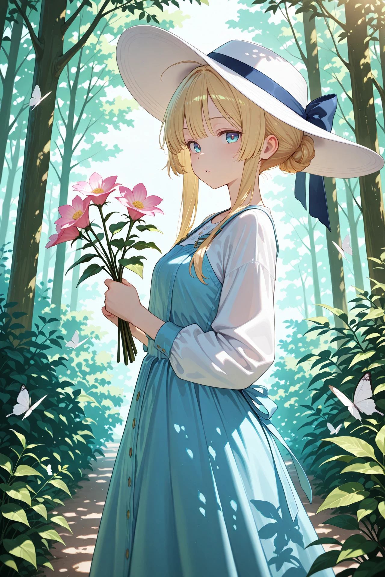 1girl,
scenery, (dappled sunlight:1.2), rim light, backlit, dramatic shadow, blonde hair, blue eyes, shiny eyes, white dress, forest, flowers, white butterfly, dress, hat, illustrious style no perch \(meme\), holding flower, tree, butterfly, solo, sunlight, holding, day, sundress, white headwear, from side, parted lips, standing, long sleeves, looking at viewer, bug, short hair with long locks, sidelighting, nature, outdoors, meme,
A young girl in a garden. she is wearing a blue dress and a white hat with a wide brim. the girl has blonde hair and blue eyes and is holding a bouquet of pink flowers in her hand. she appears to be deep in thought, with her head tilted back and her eyes closed. the background is filled with greenery and trees, and there are small white butterflies fluttering around her. the overall mood of the image is peaceful and serene.
newest
<lora:IllustriousTweakerLora_v5-215c4:0.7>