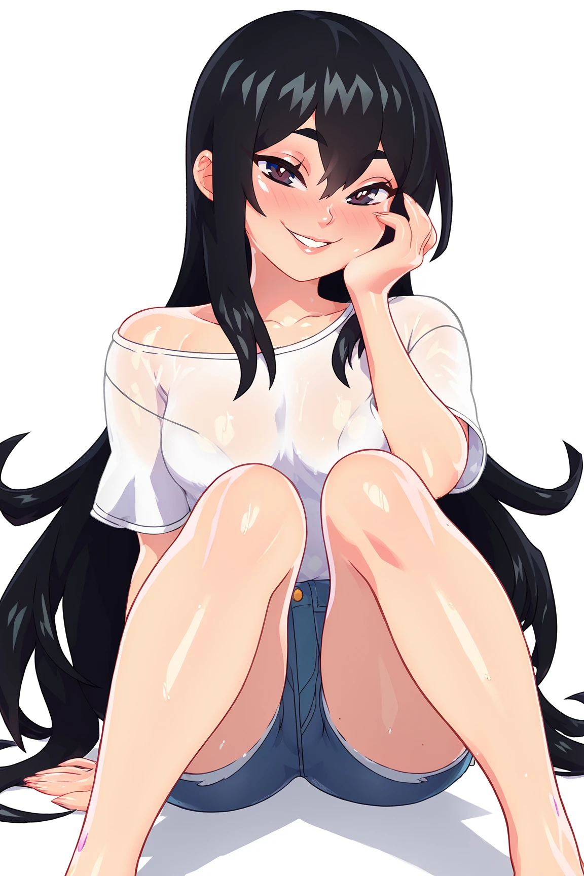 Ralph Bakshi Style, Curvy blue eyed girl with long wavy black hair and small breasts, nudity1.5, (extreme nsfw)2.5, torn tanktop, (tits out)1.5, lewd
