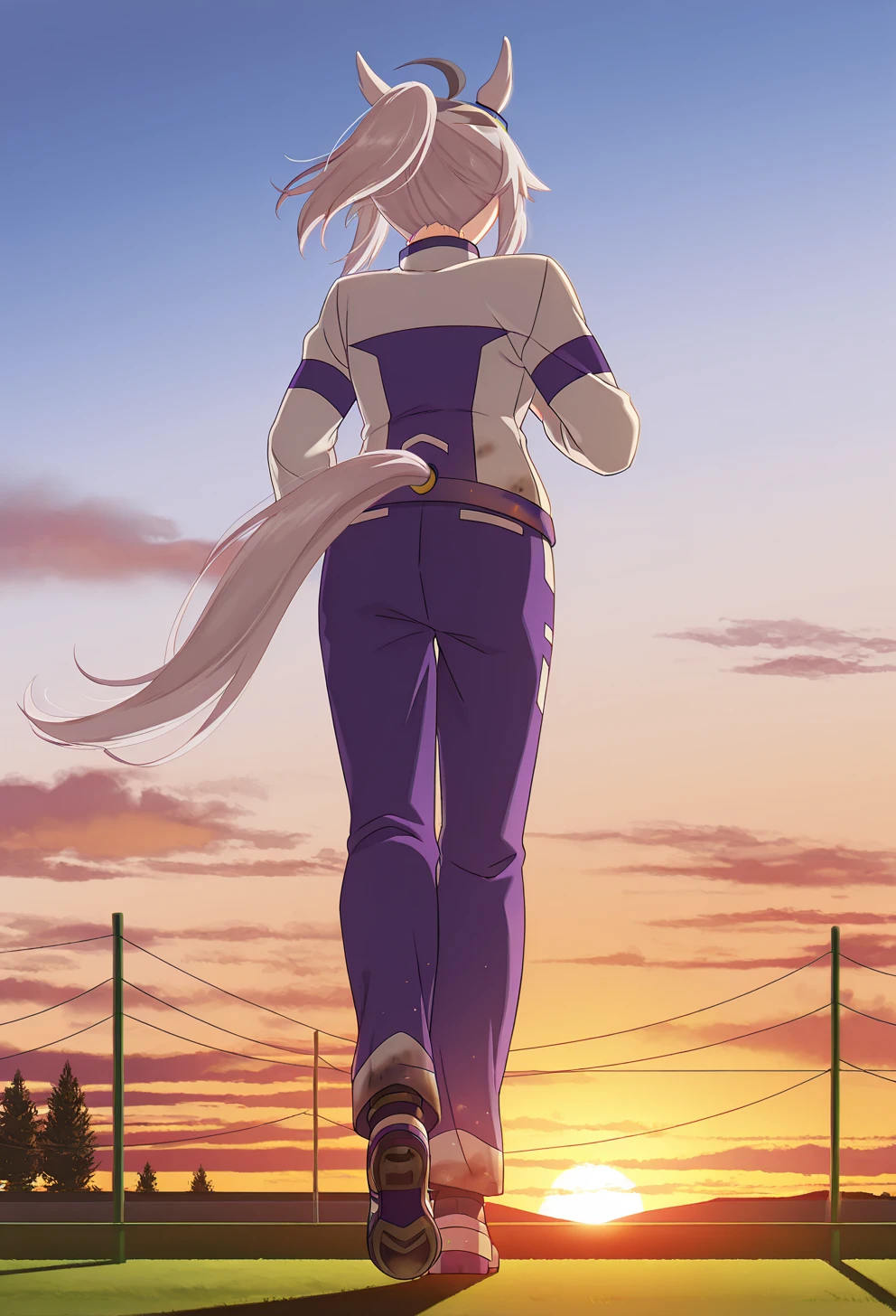 <lora:Oguri Cap_illustrious-000028:1>,
oguri cap \(umamusume\),tail,running,horse ears,solo,horse tail,sunset,outdoors,tail through clothes,pants,from behind,shoes,ponytail,sky,cloud,purple pants,walking,sunrise