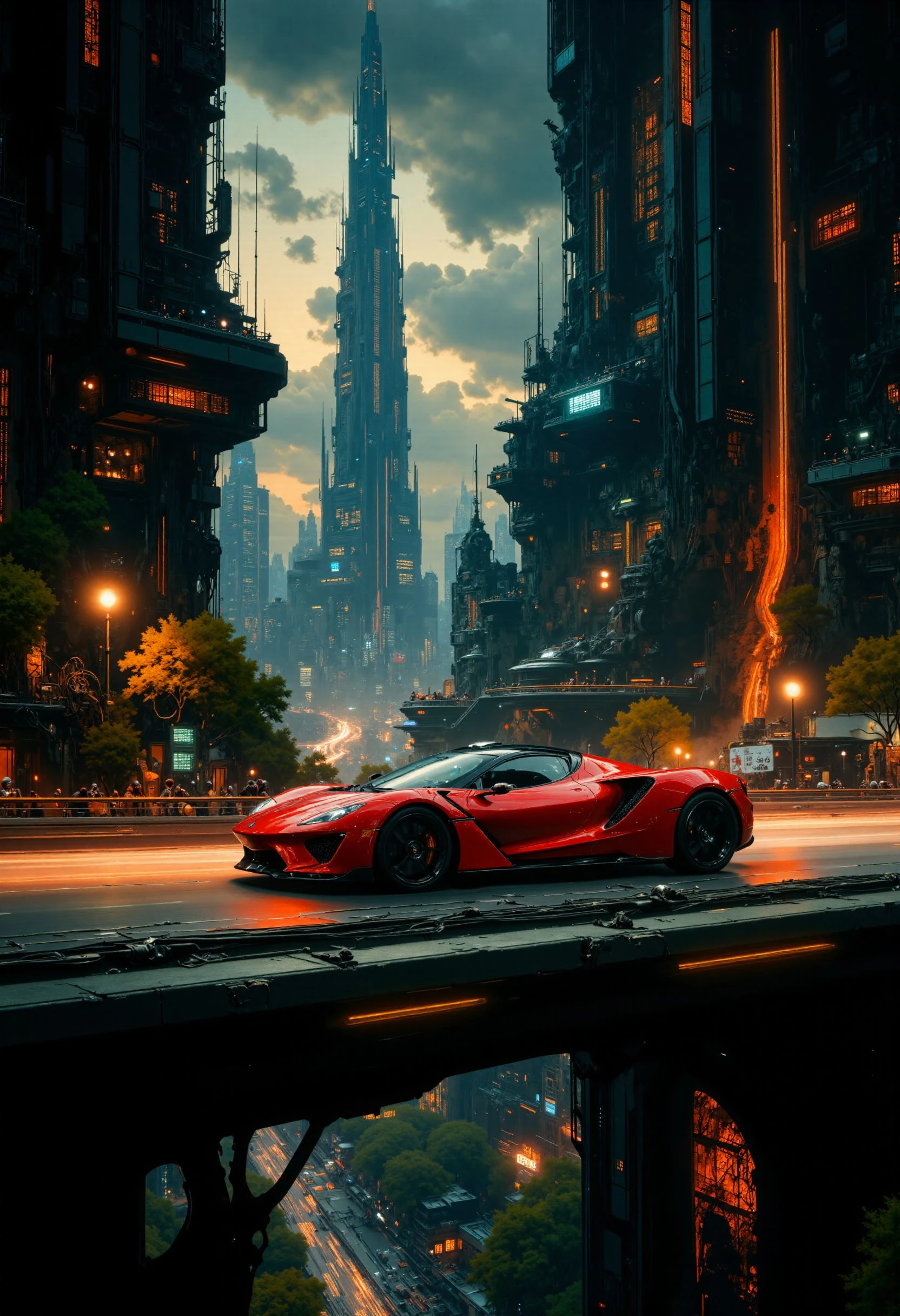 highest details, ultra hyper realism. highly detailed and realistic. intricate and highly professional artwork, an absolute masterpiece.
This is a high-quality CGI image showcasing a futuristic, neon-lit cityscape with a sleek, red sports car driving on an elevated highway. The city features tall, intricate buildings with glowing lights and a blend of organic and geometric designs, reminiscent of cyberpunk aesthetics. The sky is dark, adding to the dramatic lighting. The camera angle is slightly elevated, capturing the car in motion with a shallow depth of field that blurs the background, focusing on the car and the immediate surroundings. The overall aesthetic quality is very high, with detailed textures and vibrant, warm lighting creating an immersive, visually stunning scene.
Gunmetal Gray hue and Pewter tint, dramatic lighting
<lora:artilands_v02_epoch_6:1>