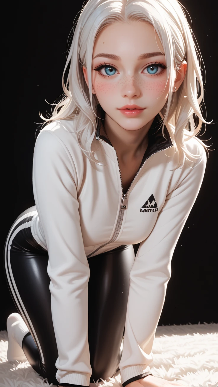 score_9, score_8_up, score_7_up, rating_safe, black background, close-up,
uncensored, nsfw, 1 girl, age 21, kawaii girl with white hair and freckles, in zip-up fleece jumpsuit, fully closed, no skin visible, but tight fit outlines every curve of her body, especially hips and thighs, kneeling on soft carpet, leaning slightly forward, white socks, warm home lighting, soft fuzzy texture, suggestive posture, subtly erotic mood without exposure