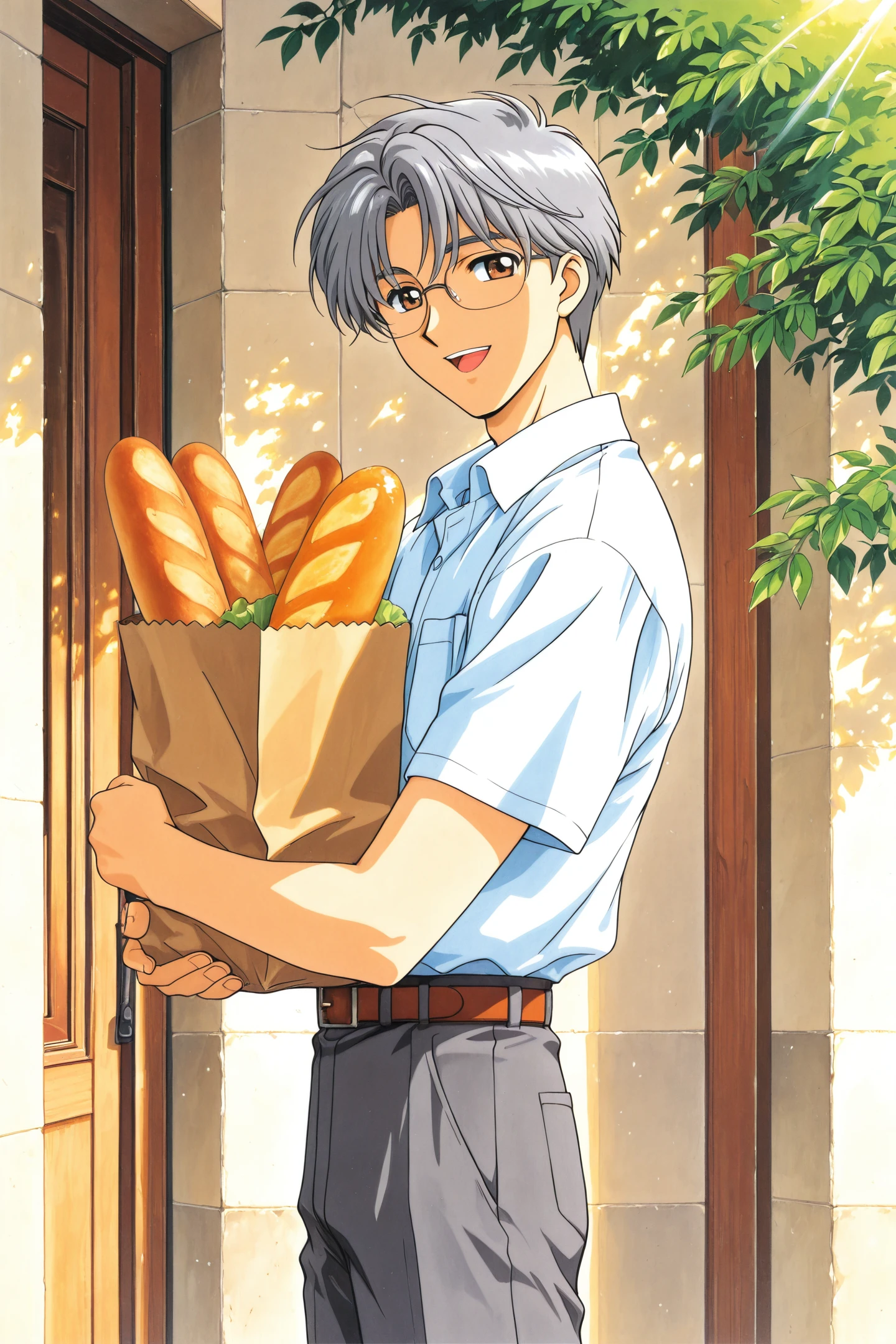 Anime Style,1boy,solo,male focus,shirt,bread,food,white shirt,baguette,bag,looking at viewer,open mouth,glasses,pants,holding,smile,outdoors,grocery bag,paper bag,from side,sunlight,short sleeves,:d,collared shirt,day,cowboy shot,leaf,holding bag,shopping bag,traditional media,short hair,standing,grey hair,bangs,happy,belt,light rays,looking to the side,brown eyes,
<lora:Card Captor Sakura_illustriousXL:0.8>,
