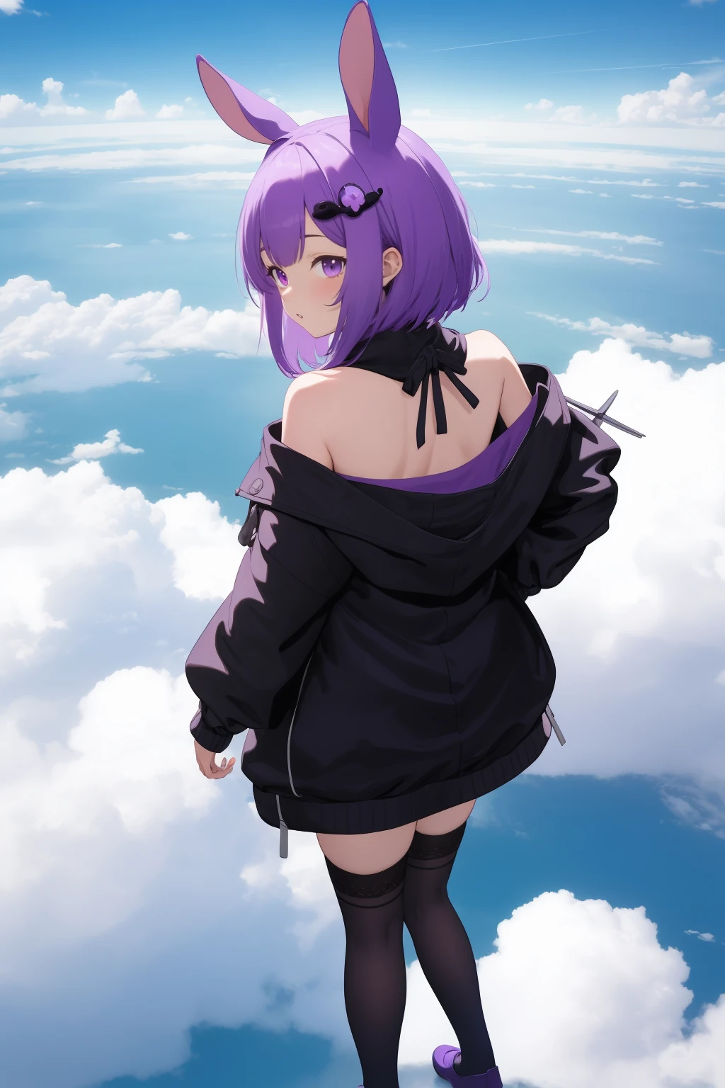 yuzuki yukari,1girl,aircraft,airplane,animal hood,bare shoulders,black jacket,blue sky,cloud,cloudy sky,day,dress,from above,from behind,full body,hair ornament,halter dress,halterneck,hood,hood down,hooded jacket,jacket,long sleeves,looking at viewer,looking back,looking up,off shoulder,parted lips,purple dress,purple eyes,purple hair,purple thighhighs,rabbit hood,shoes,short hair with long locks,sidelocks,sky,solo,standing,thighhighs,