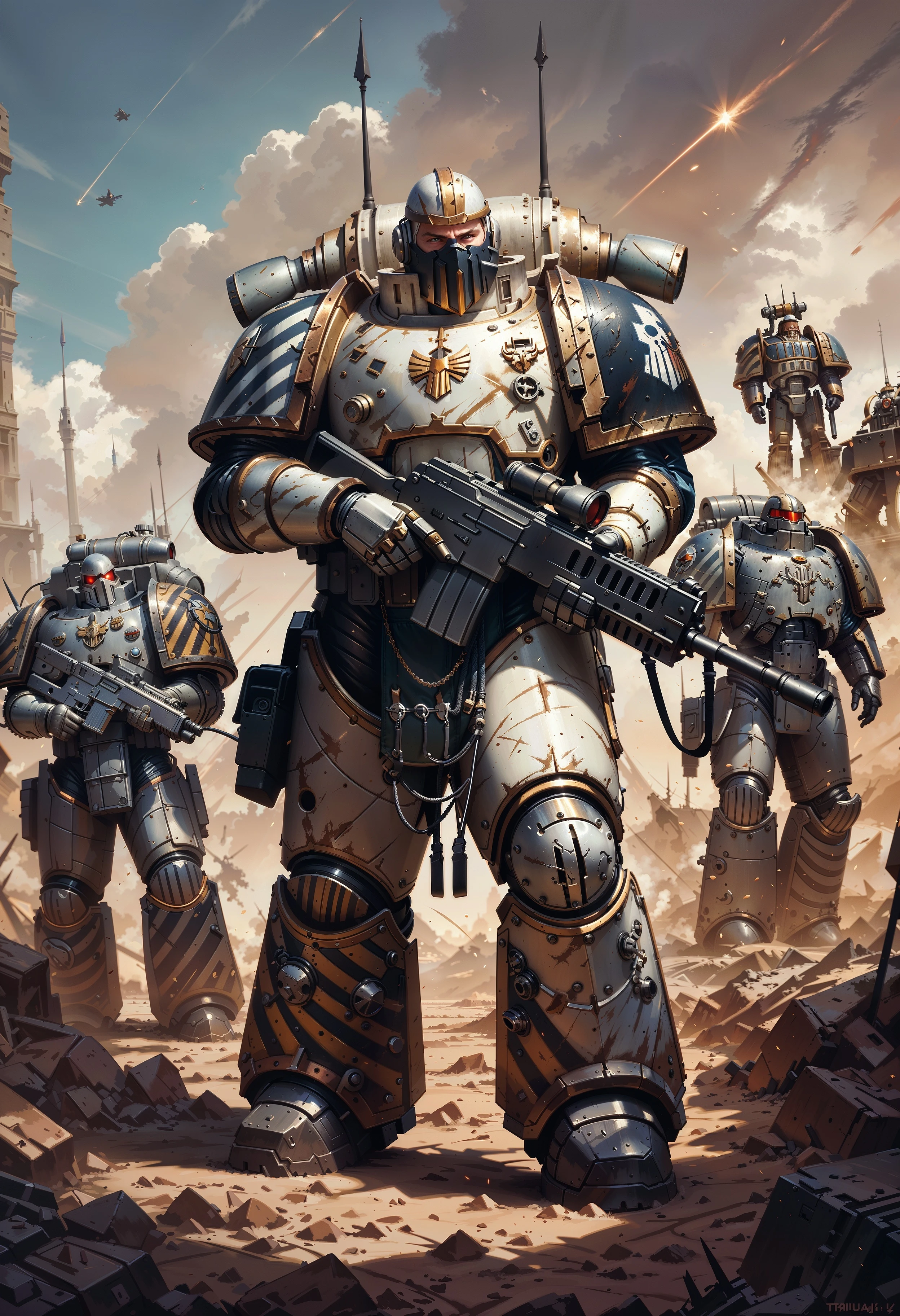 (score_9, score_8_up), score_7_up, <lora:PonyIronW40k:1> IronW40k, full body, power armor, highly detailed helmet, face mask, holding assault rifle, in a battlefield