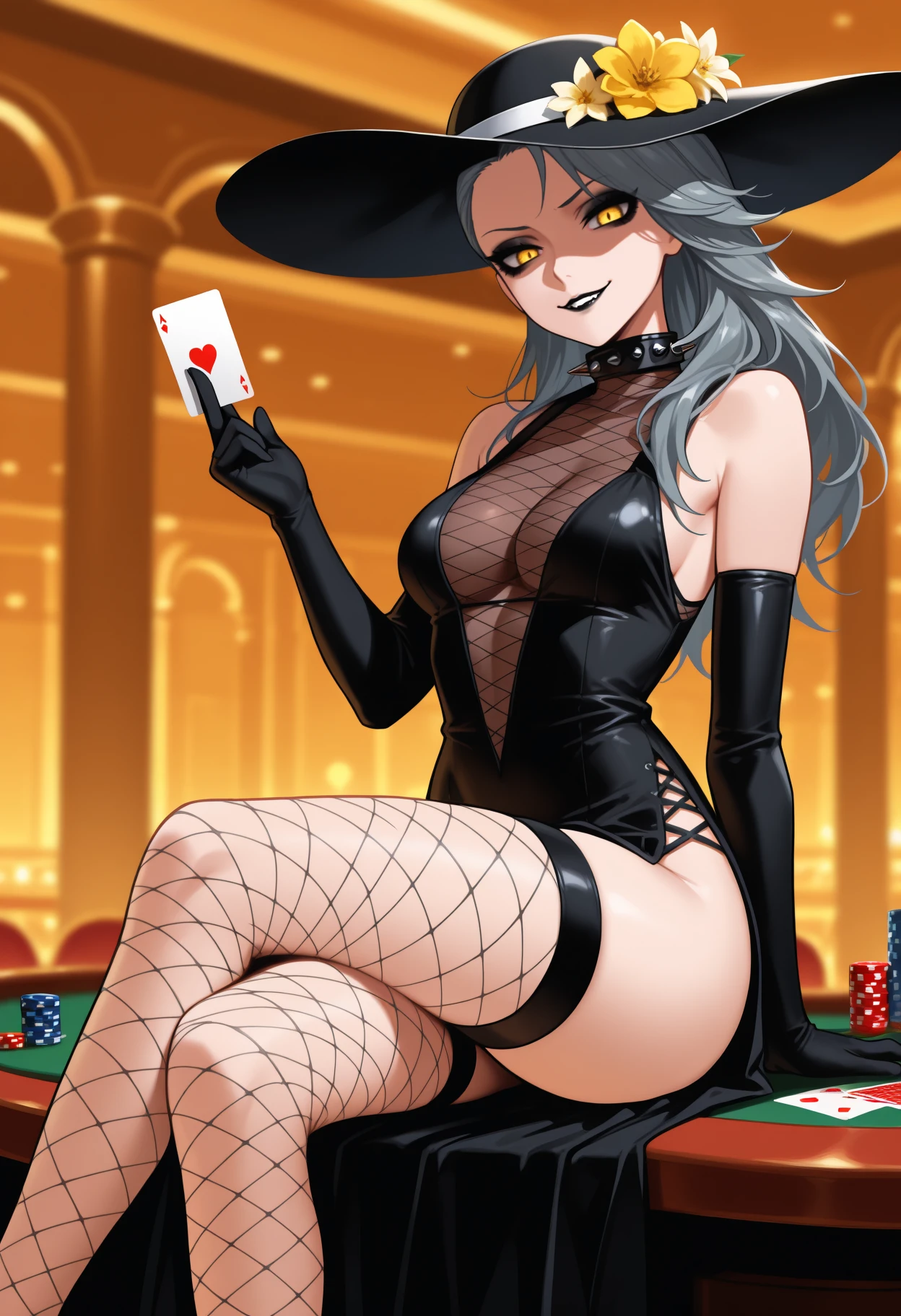 masterpiece, best quality, newest, feet out of frame, solo, 1girl, saeni1jima, eyeshadow, black lips, evil smile, looking at viewer, sitting, on table, crossed legs, long hair, grey hair, black headwear, sun hat, hat flower, yellow flower, yellow eyes, fishnets, black dress, sleeveless dress, side slit, black gloves, elbow gloves, fishnet thighhighs, spiked collar, cleavage, indoors, casino, playing card, poker chip
<segment:yolo-Anzhc Face seg 640 v3 y11n.pt,0.4,1//cid=11>