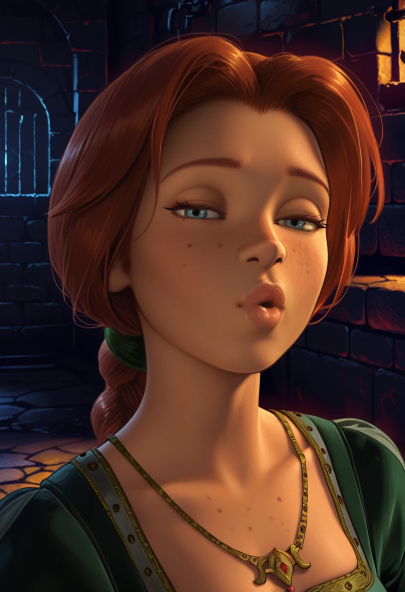 masterpiece, best quality, Princess Fiona, 1girl, solo, blue eyes, freckles, lips, red hair, long hair, braided ponytail, green hair tie, shrek 2 dress, dark green dress, portrait, looking at viewer, puckered lips, half-closed eyes, dungeon,  <lora:Fiona__illustration:1>