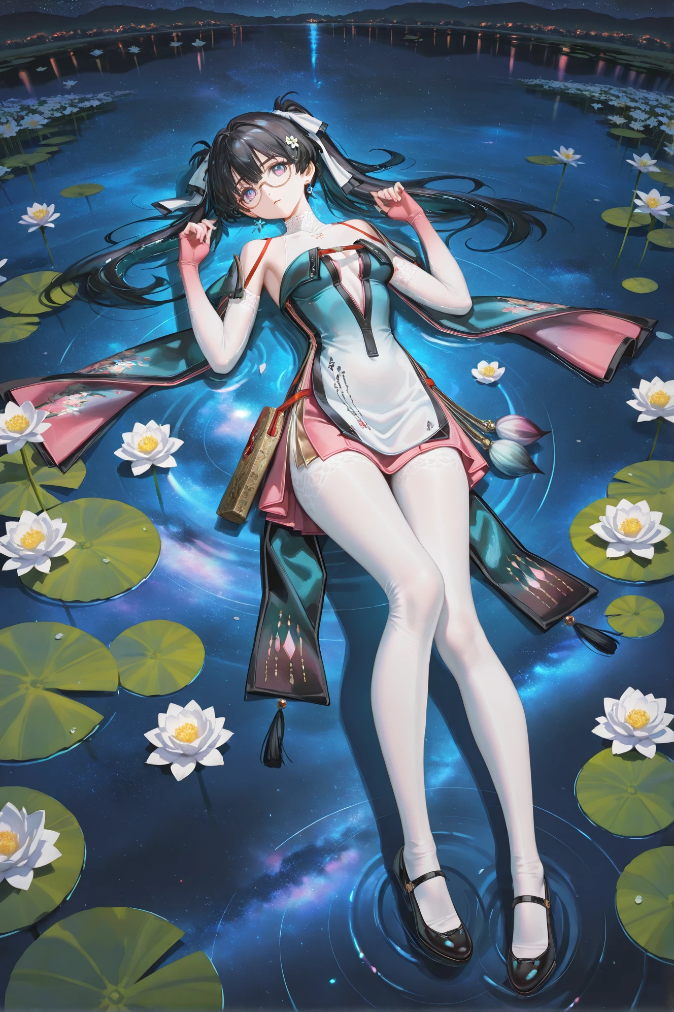 8k,best quality,masterpiece,(ultra-detailed),(high detailed skin),
((artist:reoen), (artist:torino_aqua),year 2024:0.8)1girl,[artist:wlop],[artist:ningen_mame],artist:ciloranko,[[artist:rhasta]],artist:tidsean,artist:iumu,artist:nyarko,
flowersky,night sky,full body,star \(sky\),night,flower field,starry sky,field,outdoors,white flower,
lie on water,float on water,Lake lotus pond,Soaked,lying,
<lora:zhezhi-ill-Tanger:0.8>,zhezhi,default clothes,white pantyhose,1girl,long hair,black hair,glasses,twintails,dress,black footwear,