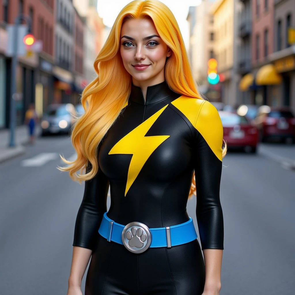 The image shows Buzz Girl wearing buzzsuit. Her suit is black and yellow with her logo on her chest and a blue belt with silver buckle with a lightning bolt on it. She is stading on a city street. She looks young and has smooth skin.