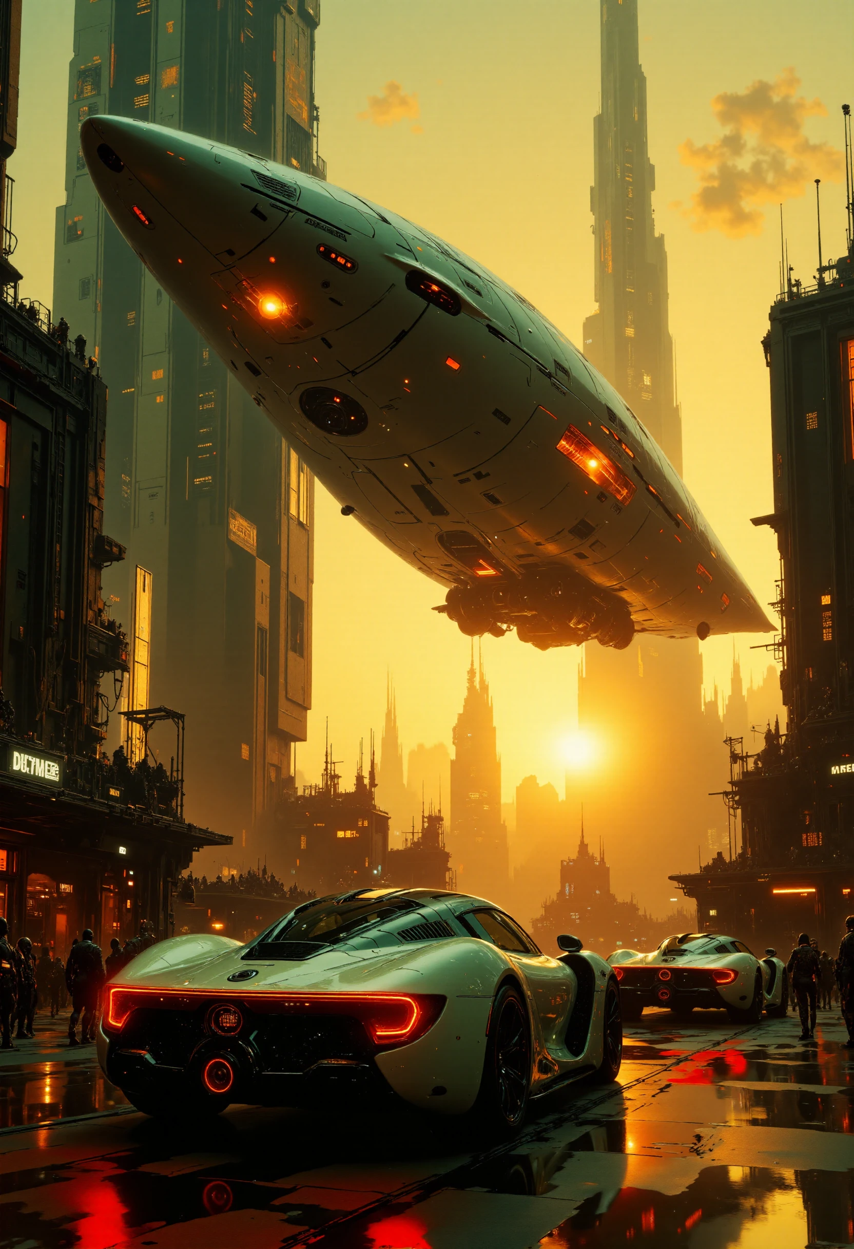 highest details, ultra hyper realism. highly detailed and realistic. intricate and highly professional artwork, an absolute masterpiece.
This high-quality digital artwork depicts a futuristic cityscape at sunset, featuring sleek, silver and black sports cars with glowing accents. A massive, hovering, futuristic, elegantly designed aircraft looms in the sky. The scene is vibrant with warm, orange hues and a blurred background, emphasizing the cars and aircraft. The image has a very high aesthetic quality, showcasing a blend of sci-fi and automotive themes.
<lora:artilands_v02_epoch_6:1>