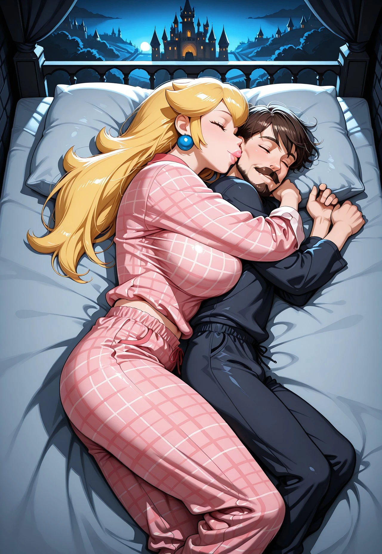 score_9_up, score_8_up, score_7_up, best quality, absurdres, masterpiece, field of depth, volumetric lighting, newest,
Spooning, lying, on side, 1girl, 1boy, hetero, from above, larger female, size difference, clothed female clothed male, 
hug from behind, cuddling, sleeping,
BREAK,
On bed, bed, castle, palace, night time, dark theme, low light, 
BREAK, 
1girl, princess peach, pyjamas, large breasts, eyes closed, kissing cheek, smirk, lips, plaid pyjamas, baggy clothes, patterned pyjamas, 
BREAK,
Male wearing pyjamas, moustache,beard, muscular male,
