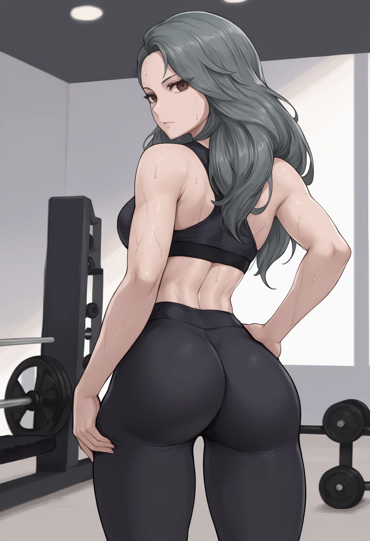 masterpiece, best quality, newest, from behind, solo, 1girl, saeni1jima, sweat, expressionless, looking back, hand on own hip, long hair, grey hair, brown eyes, black sports bra, black pants, yoga pants, tight pants, ass, indoors, gym, weights
<segment:yolo-Anzhc Face seg 640 v3 y11n.pt,0.4,1//cid=11>