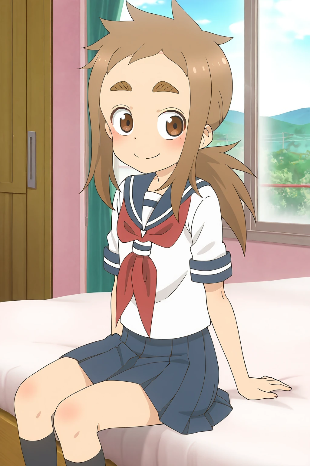 aatakagi, long hair, sailor collar, red neckerchief, sailor shirt, white shirt, long sleeves, miniskirt, blue skirt,socks,smile,(((lift skirt,white panties))),my room