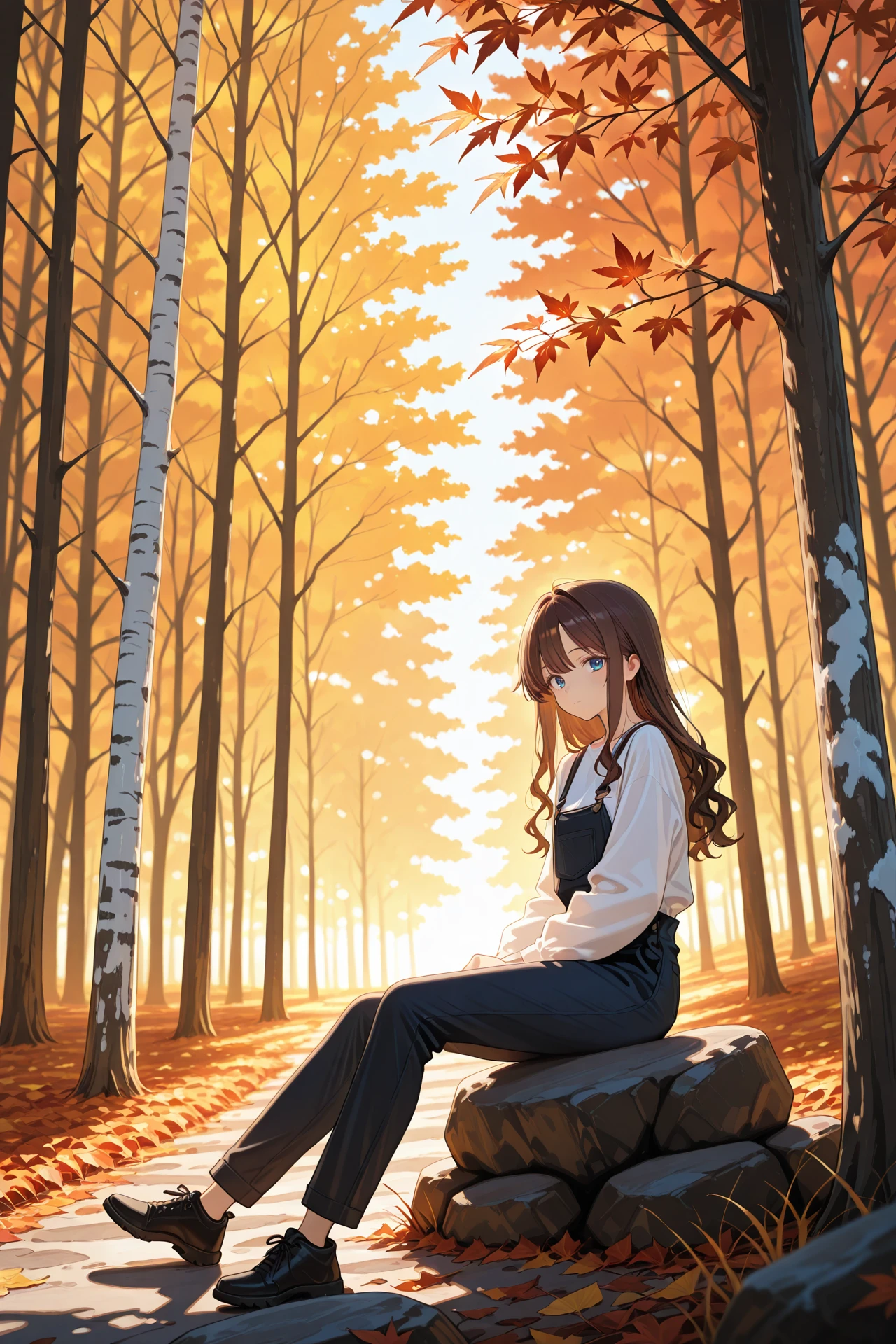 1woman, day, russia, against tree, birch, autumn, solo, outdoors, scenery, illustrious style, expressionle, closed mouth, sitting, wavy hair, sidelocks, tree, nature, white shirt, forest, sunlight, long sleeves, shoes, grass, light rays, full body, shirt, pants, sunbeam, long hair, blue eyes, looking at viewer, autumn leaves, black footwear, brown hair, black pants, from side,
A young girl sitting on a rock in the middle of a forest. she is wearing a white blouse and has long dark hair that is flowing in the wind. the girl is holding onto the rock with both hands and appears to be deep in thought. the background is filled with tall trees with orange and yellow leaves, creating a warm and autumnal atmosphere. the sunlight is shining through the trees, casting a soft glow on the scene. the overall mood of the image is peaceful and serene.
<lora:IllustriousTweakerLora_v5-215c4:0.7>