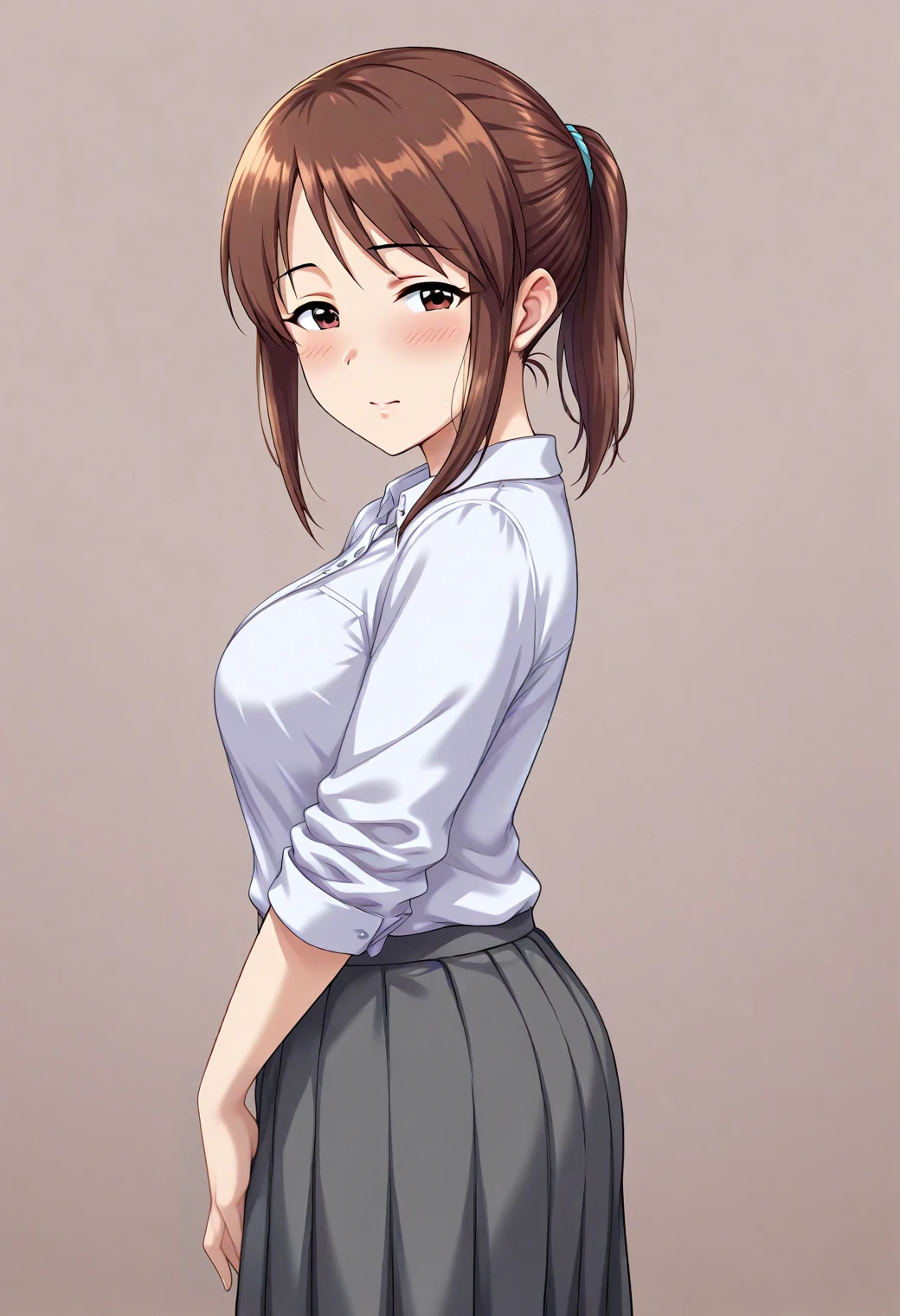 masterpiece, best quality, amazing quality, 1girl, solo, stand, makeup, blush, cowboy shot, looking at viewer, simple background, from side, <lora:Mifune_Miyu_Cinderella:1>, Mifune_Miyu_Cinderella, brown hair, brown eyes, , ponytail, sidelocks, shirt, skirt, <lora:wai-Rectified-s:1>, <lora:prompt_extend:1>
