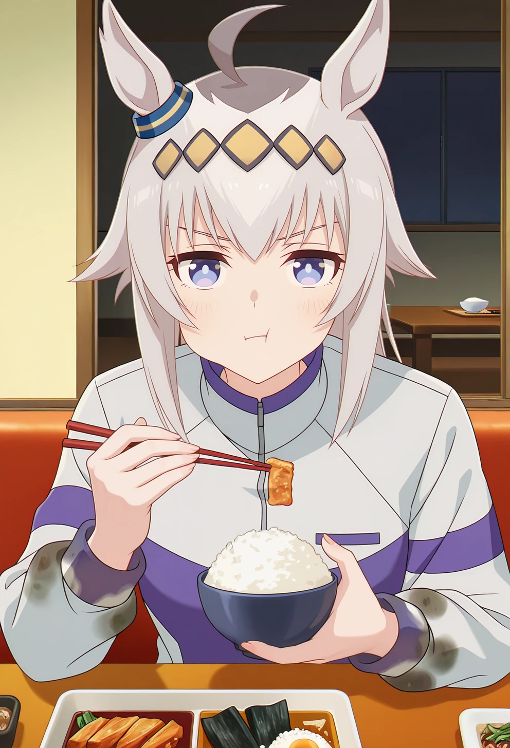 <lora:Oguri Cap_illustrious-000028:1>,
oguri cap \(umamusume\),rice,bowl,horse ears,ahoge,holding,jacket,rice bowl,eating,food,looking at viewer,holding bowl,chopsticks,indoors,long sleeves,holding chopsticks,:t,track jacket,upper body,table,1girl,solo
