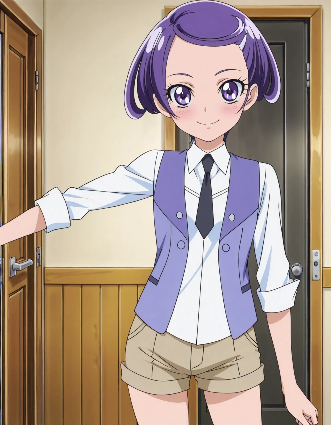 anime screencap, solo,1girl,kenzakimakoto,vest, necktie, smile, hair ornament,shorts, looking at viewer, hairclip, looking at viewer,cowboy shot ,small breasts,blush,<lora:kenzakimakoto_IL:0.8>
high definition,amazing quality,best quality,very aesthetic,masterpiece,absurdres,