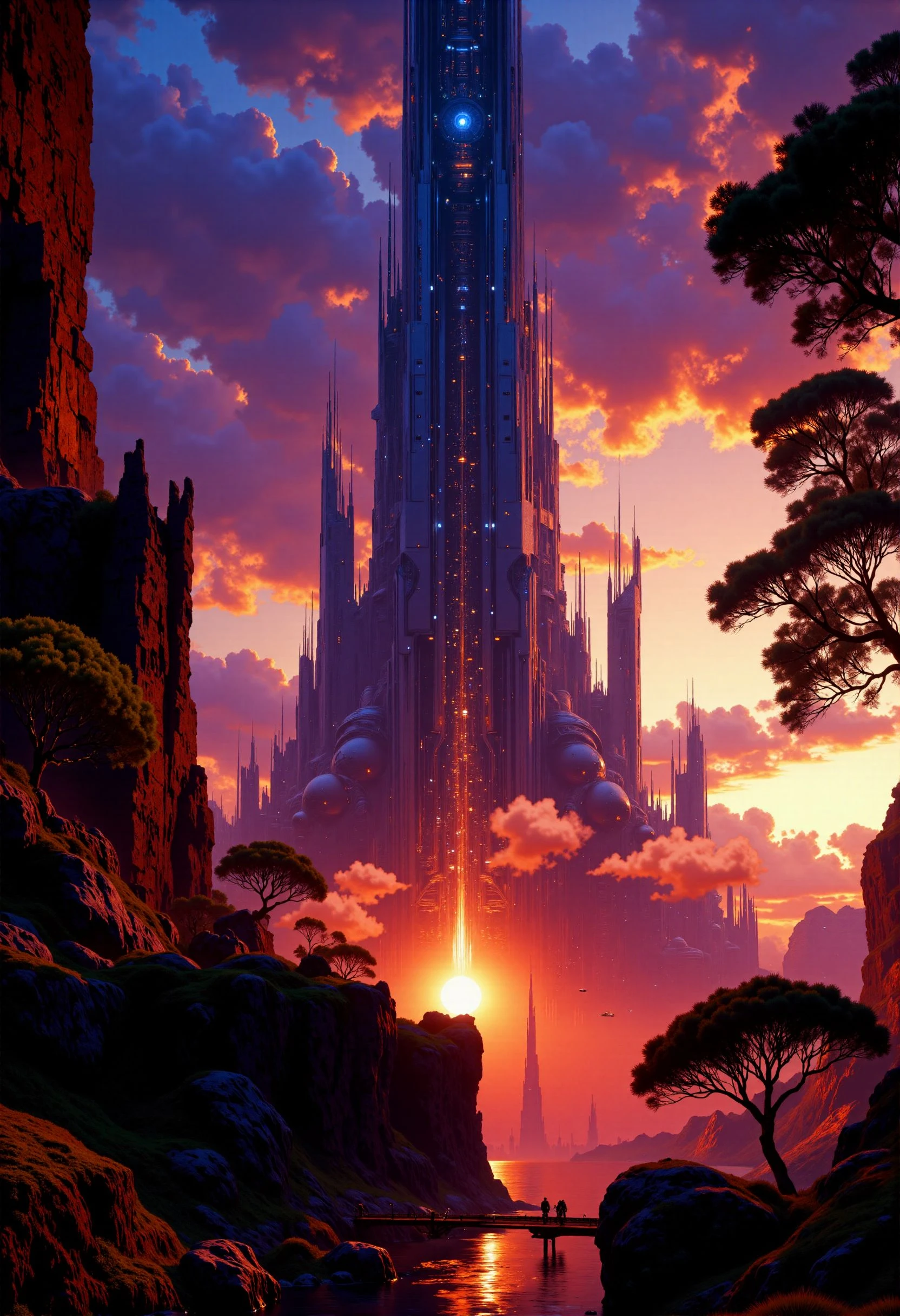 highest details, ultra hyper realism. highly detailed and realistic. intricate and highly professional artwork, an absolute masterpiece.
The image is a highly detailed, CGI-rendered digital artwork depicting a fantastical, futuristic cityscape. The scene is set in a surreal, otherworldly environment with a vibrant, gradient sky transitioning from deep purples and blues at the top to warm oranges and pinks near the horizon, suggesting a dramatic sunset or sunrise. The sky is filled with numerous meteors streaking downwards, adding to the fantastical atmosphere. A colossal, towering structure resembling a giant spaceship or megastructure dominates the center of the image. This structure, covered in intricate, glowing blue and white lights, is surrounded by a swirling vortex of mist or clouds. The structure's base is embedded in a mountainous landscape, with smaller, jagged peaks and valleys stretching out beneath it. In the foreground, lush, green trees with gnarled, ancient trunks and dense foliage are visible, adding a touch of natural contrast to the futuristic elements.
Bright Red hue and Pastel Orange tint, dramatic lighting
<lora:artilands_v02_epoch_6:1>